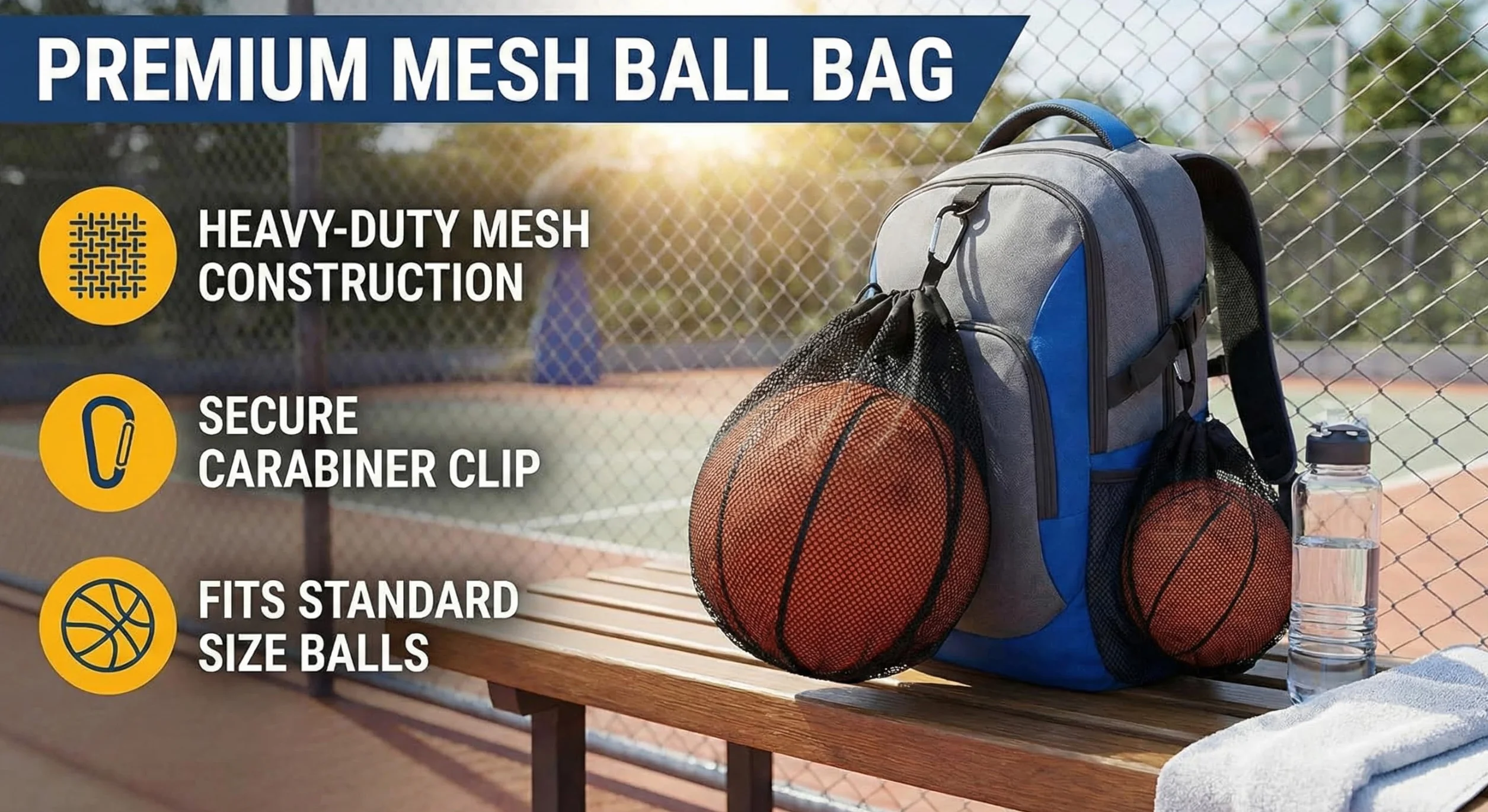 Sac de ballon avec filet pour 2 ballons, poche zippée, sac à dos portable avec mousqueton et cordon de serrage, pour basketball, football, handball, volley-ball et rugby, durable et pratique