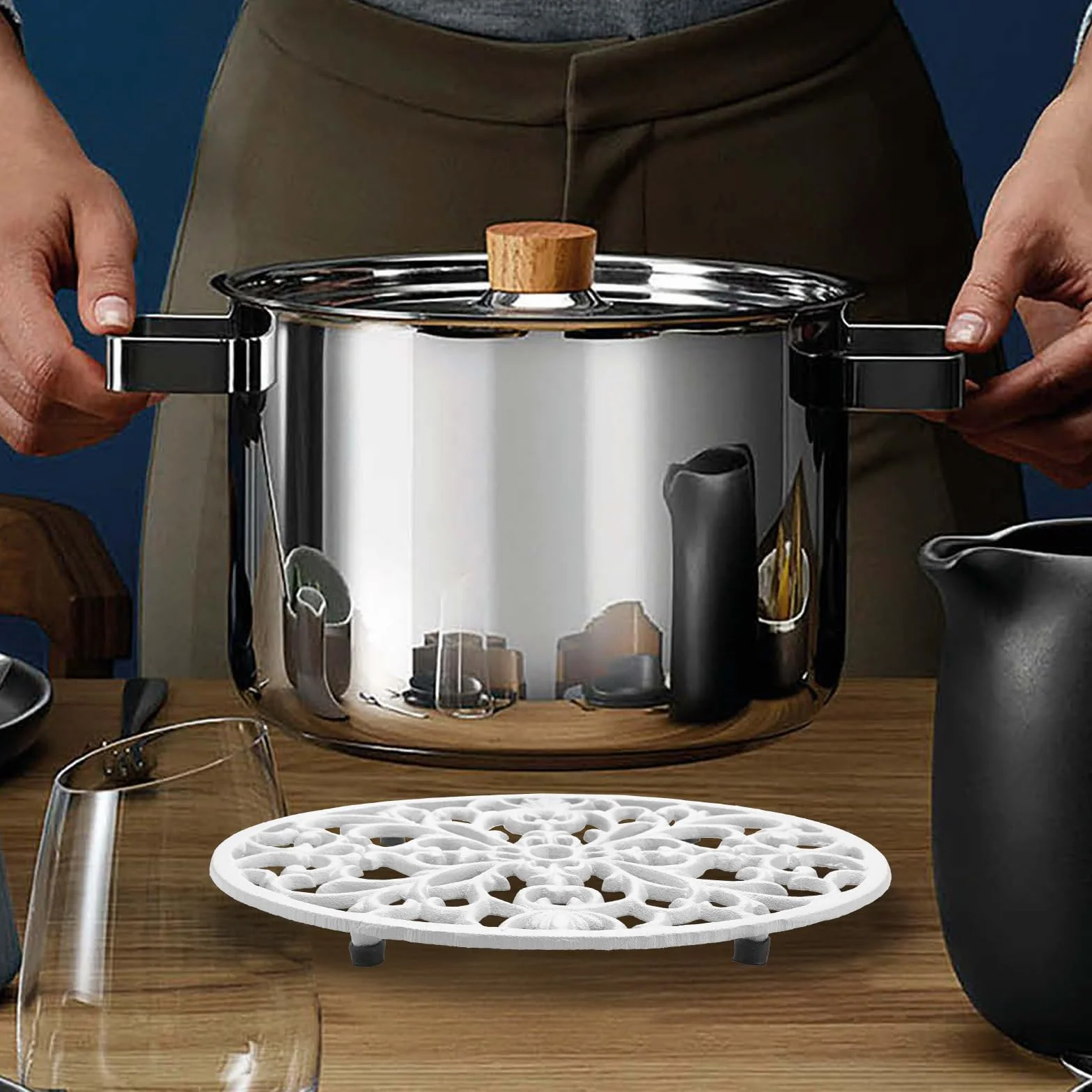Dessous de plat ovale en fonte vintage avec pattes en caoutchouc pour cuisine et salle à manger (blanc)