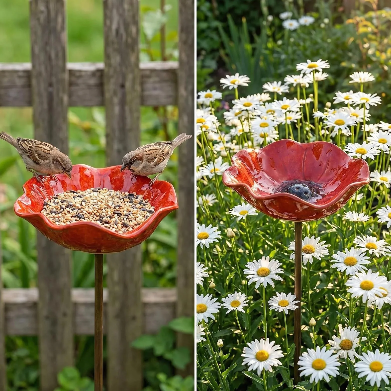 Abreuvoir Oiseaux sur Tige Métal 60cm, Bain d'Oiseaux Extérieur Épaisseur 3mm, Mangeoire Oiseaux et Insectes
