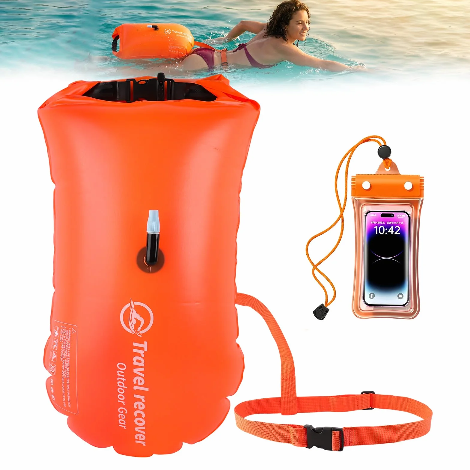 20L Bouee nage Eau Libre, Bouée Natation Eau Libre avec Sac étanche, Bouées gonflables adaptées à la Navigation en Eau Libre et au Triathlon, Pochette étanche pour téléphone Incluse, Orange