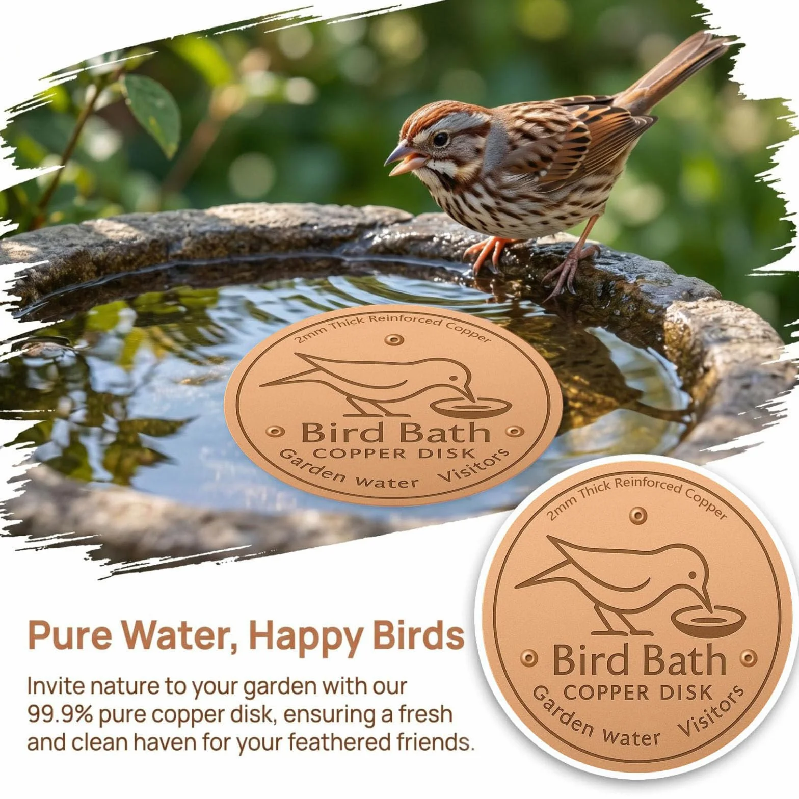 Disque de Purification de Cuivre pour Bain d'Oiseaux, Auto-nettoyant, Garde l'Eau Fraîche (1PC)