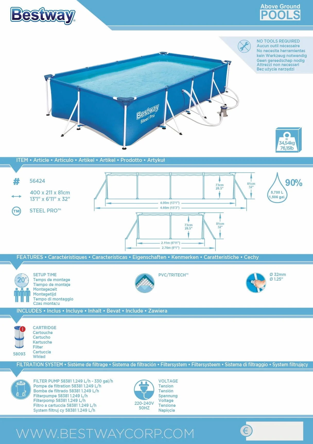 Bestway Steel Pro Piscine rectangulaire enfant cadre acier pompe filtrante 400 x 211 x 81 cm Bleu