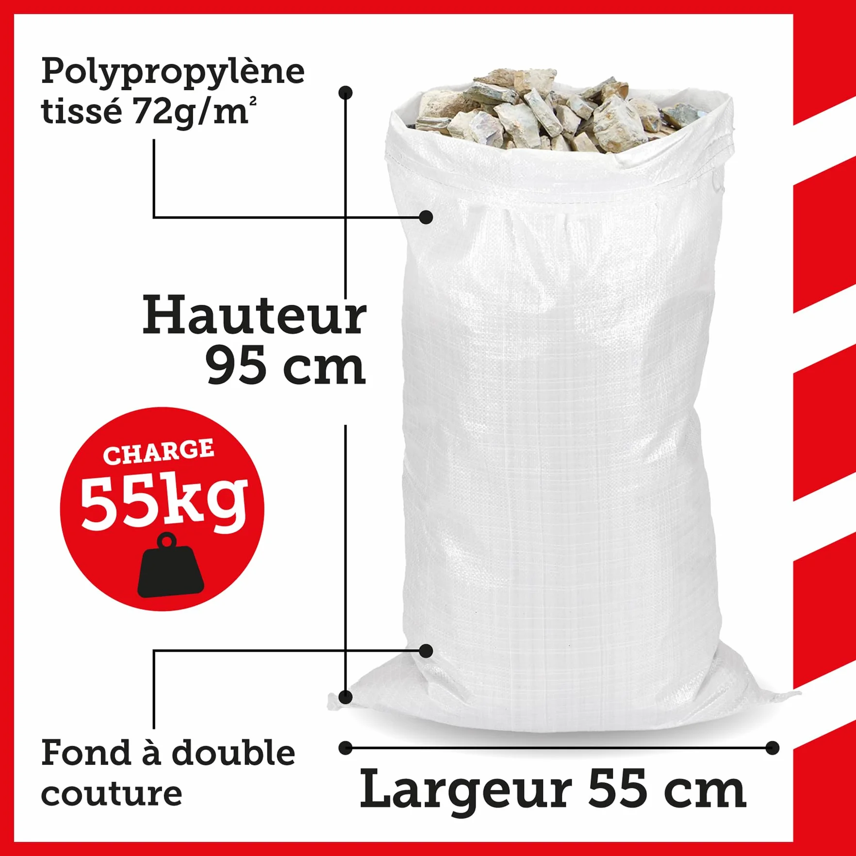Flandria Lot de 10 Sacs à Gravats 55x95 cm Sac Chantier Polypropylène Tissé Résistant 55 kg