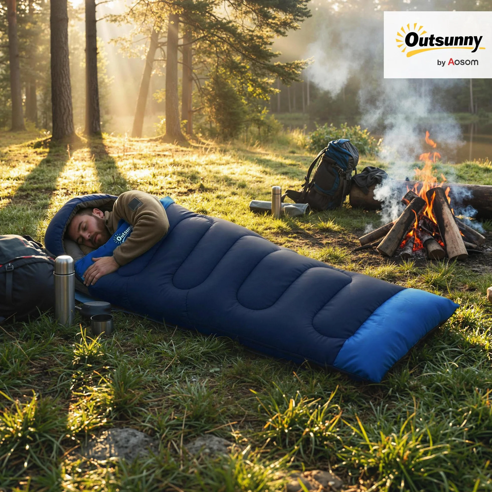 Outsunny Sac de Couchage Adulte Coton Creux 300 g/m² pour Camping Randonnée