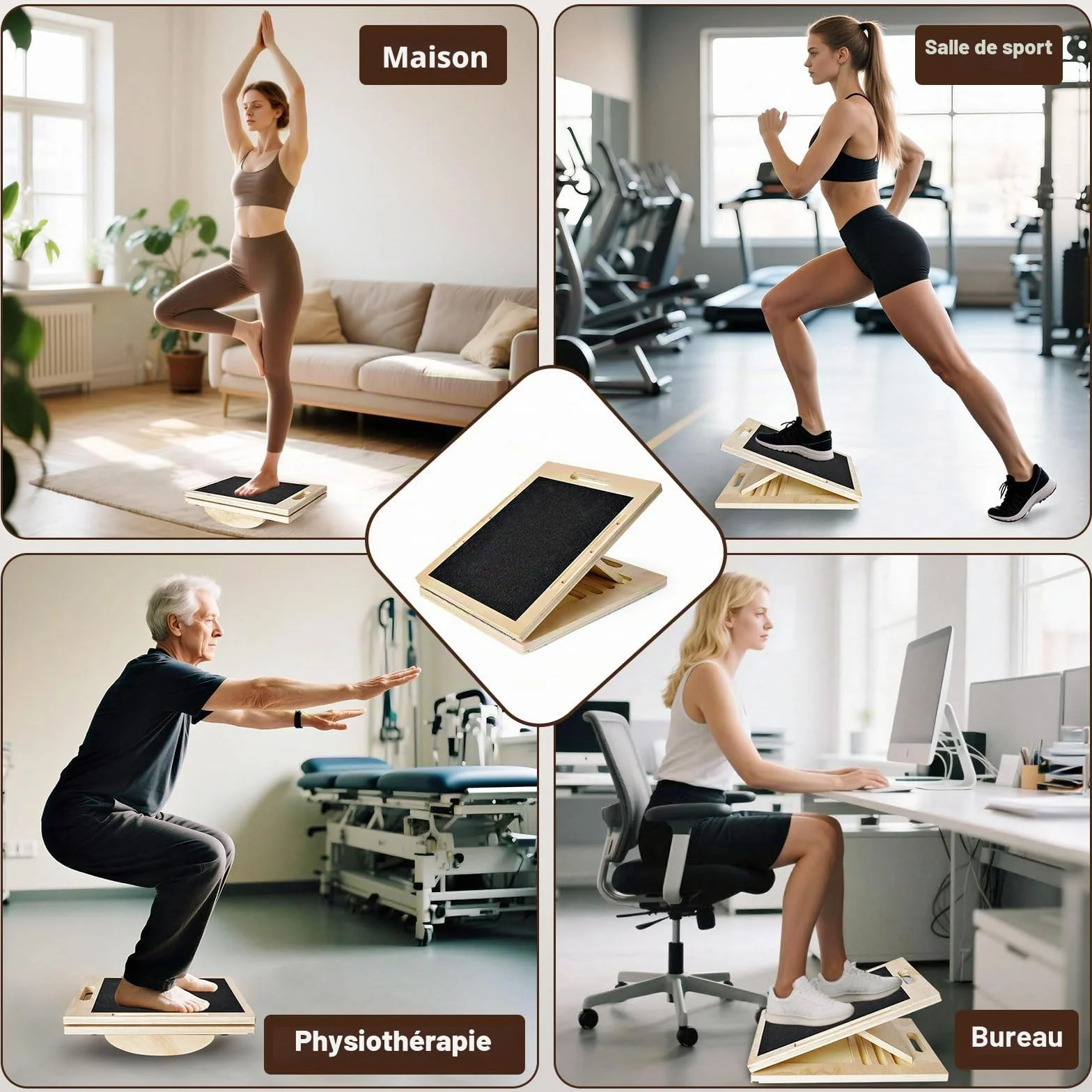 Planche D'équilibre et Planche Inclinée en Bois, Balance Board Antidérapante, Réglable Slant Board de Remise avec 5 Angles D'inclinaison, pour Les Squats, L'étirement Musculaire et L'équilibre