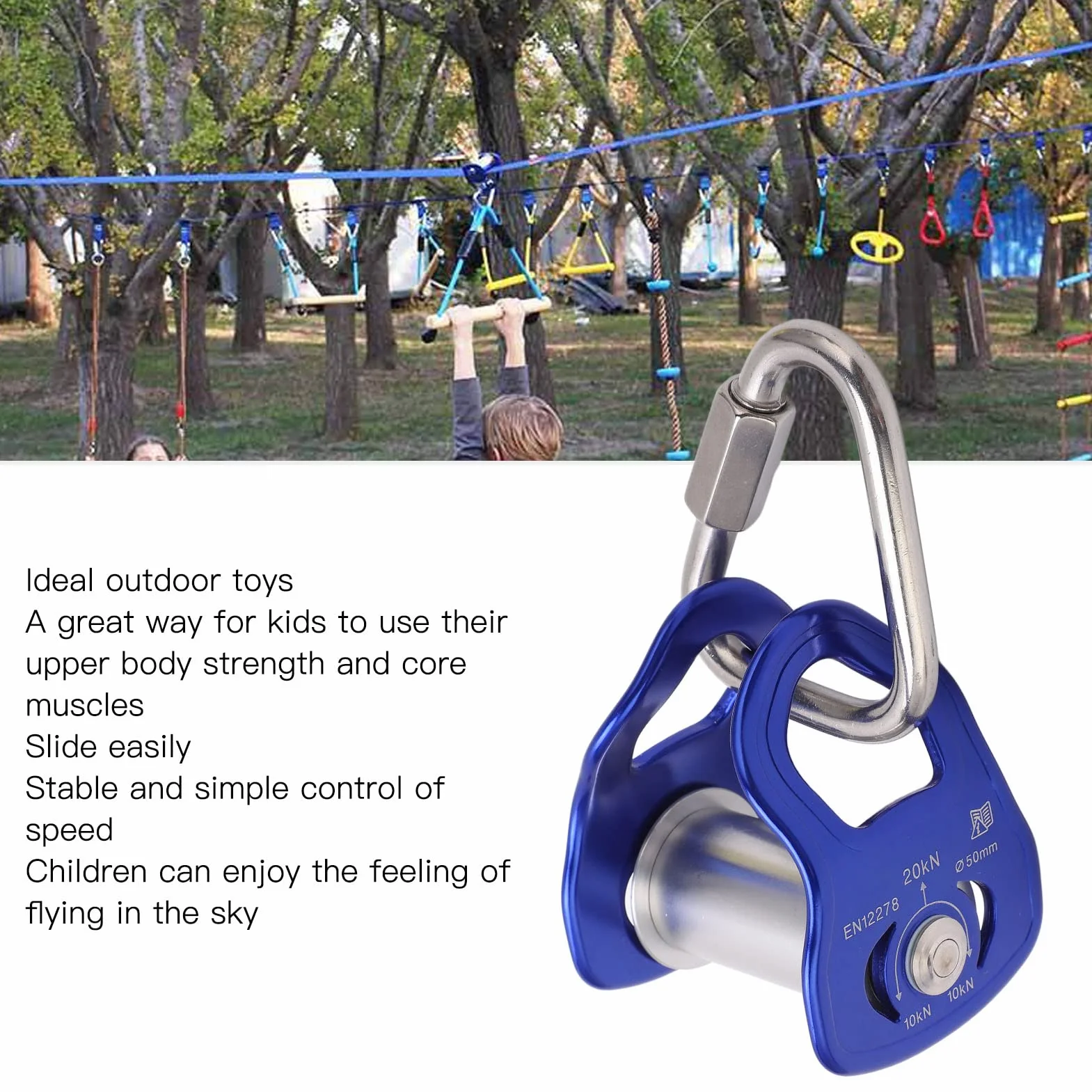 Drfeify Poulie de Slackline, Poulie de Tyrolienne Coulissante de Poulie de Sport en Plein Air pour la Formation de Parcours d'obstacles pour Enfants Adultes, Bleu