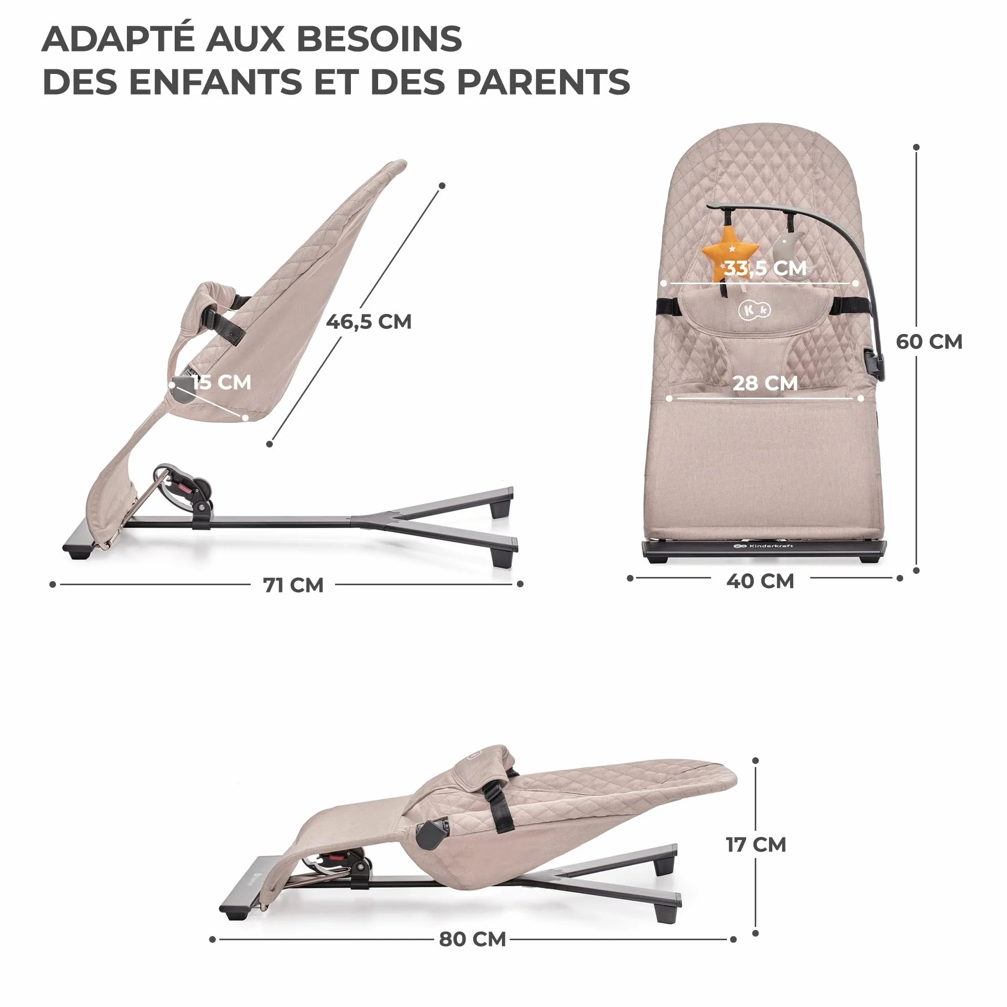 Kinderkraft MIMI Transat bébé, Balancelle, Dossier réglable 3 niveaux, Pliable à plat, Arche jouets, Beige