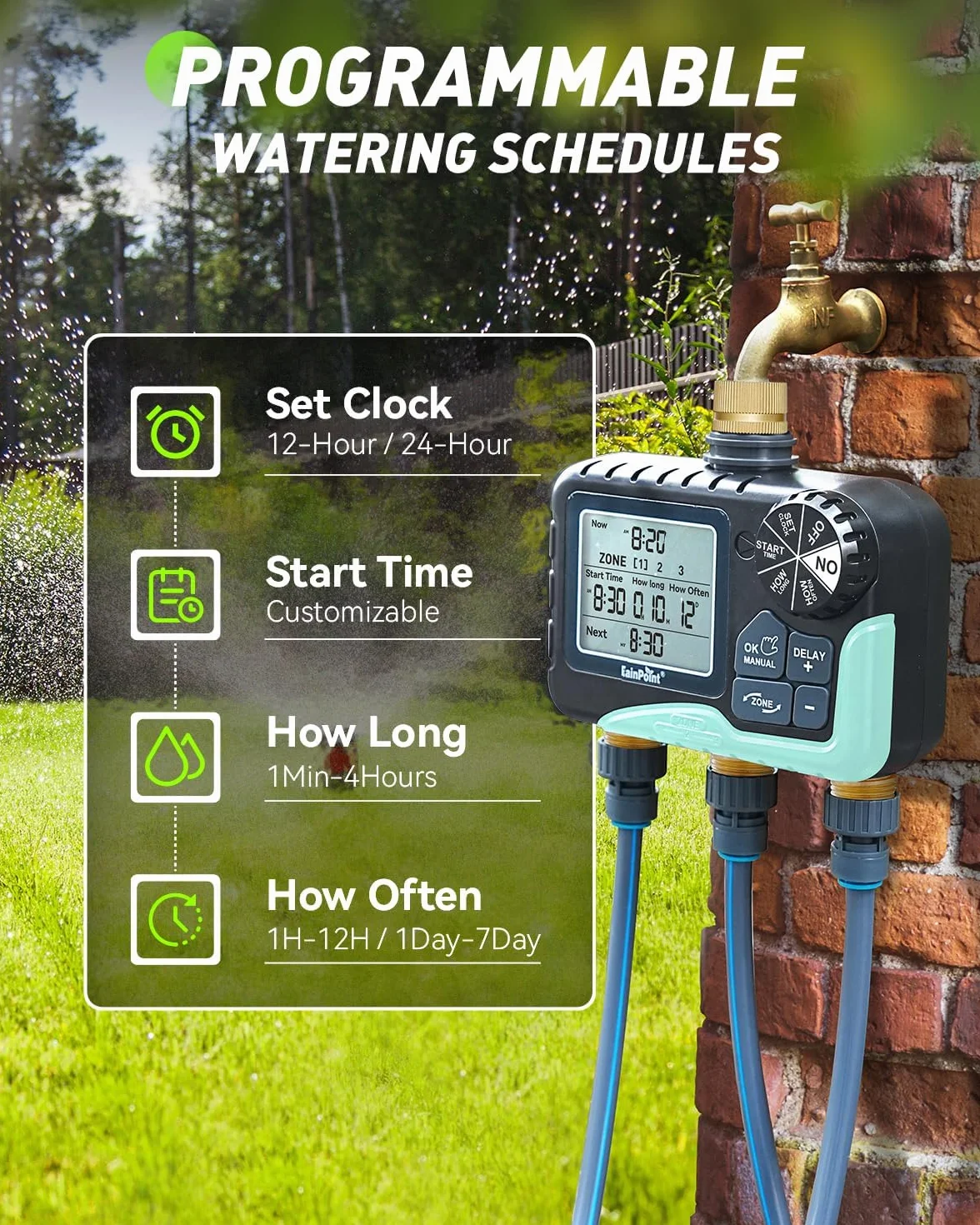 RAINPOINT Programmateur Arrosage 3 Sorties, Laiton, Automatique, Retard Pluie, Écran LCD, Minuterie Jardin