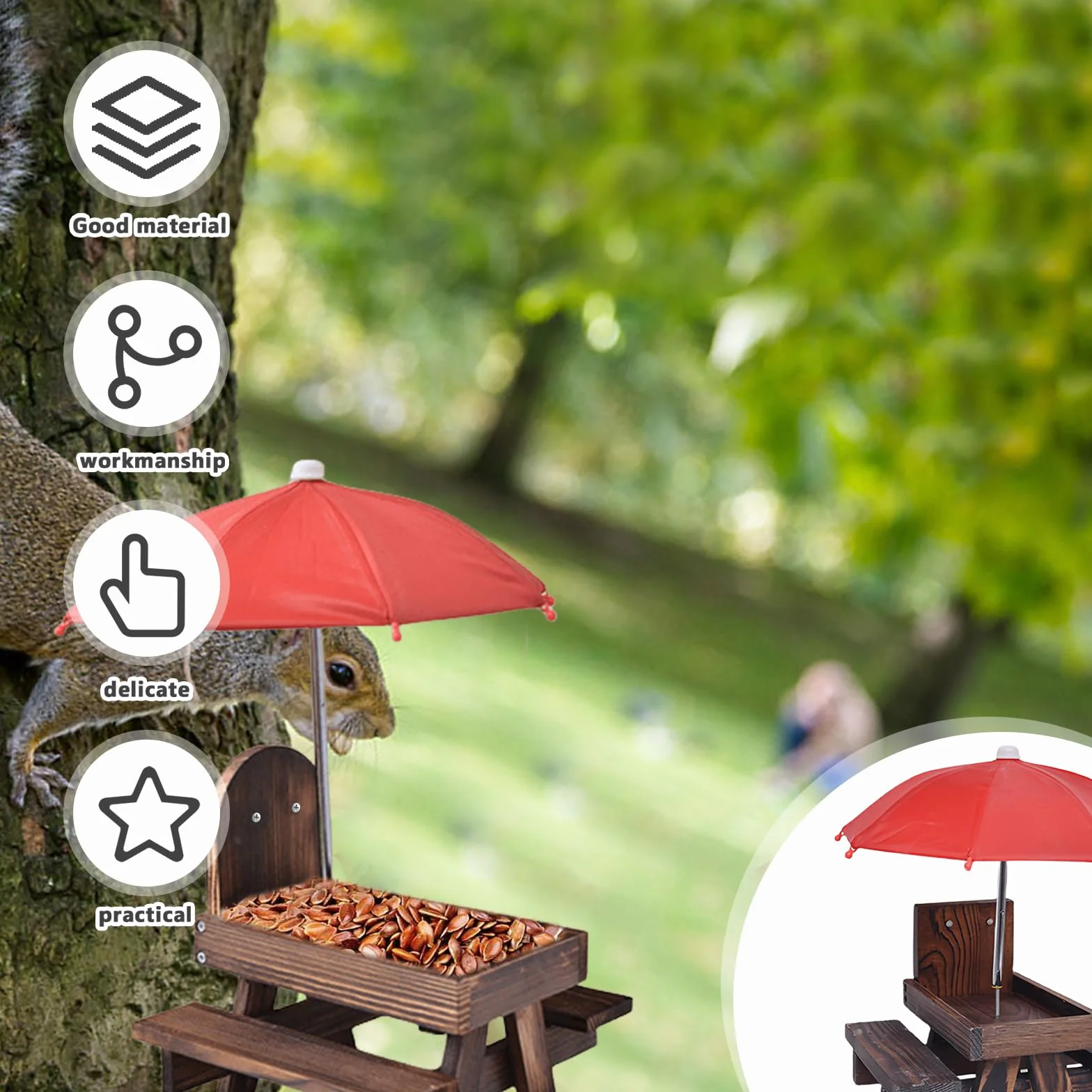 Mangeoire pour écureuils Table de pique-nique en bois résistante aux intempéries avec parapluie et support à maïs