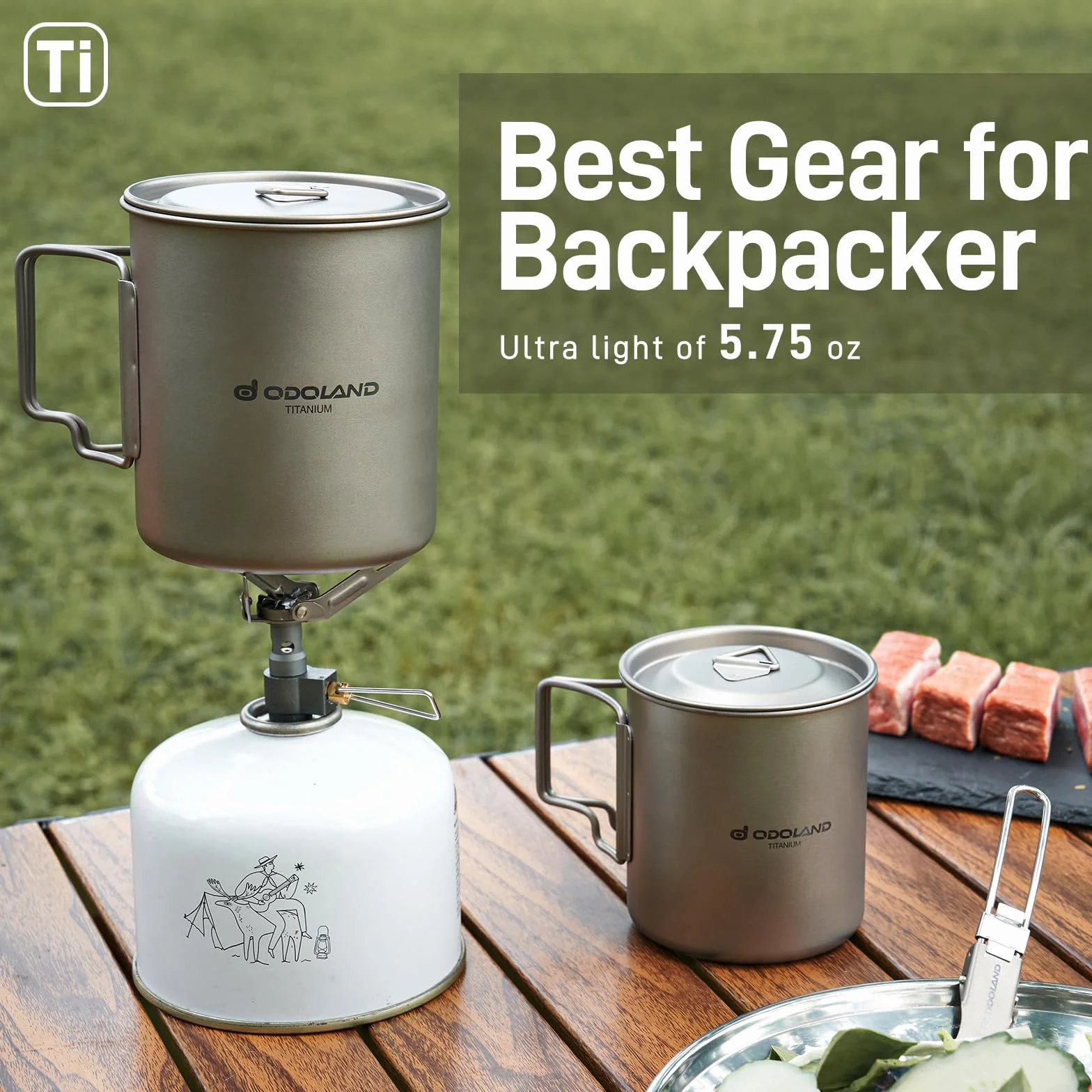 Odoland Pot en titane de 750 ml - Ultra léger - Portable - Tasse de camping avec couvercle et fourchette - Pour camping, randonnée, voyage et randonnée