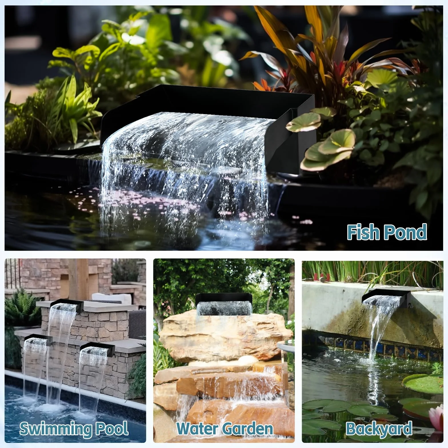 Cascade de bassin en acier inoxydable 30 cm avec pompe 45W 3000L/H pour jardin