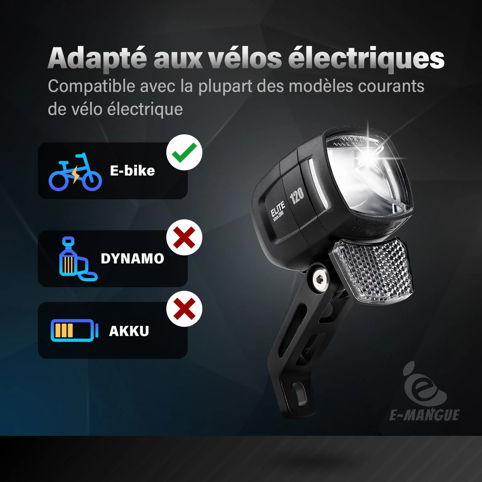 Vélo électrique LED lumière de vélo avec réflecteur, StVZO Approbation lumière Avant, LED Feux de stationnement, Phare de vélo, Lampe de vélo lumière Avant