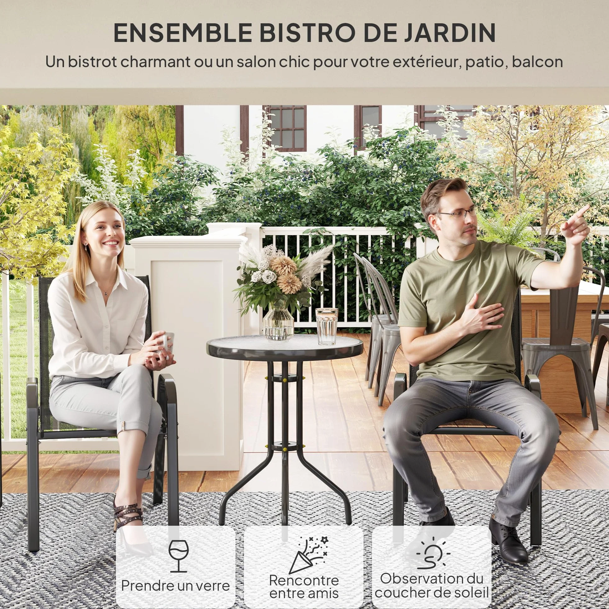 Outsunny 3 pièces Salon de Jardin extérieur Ensemble Meubles 2 fauteuils empilables Table Basse Verre trempé Tissu textilène Noir