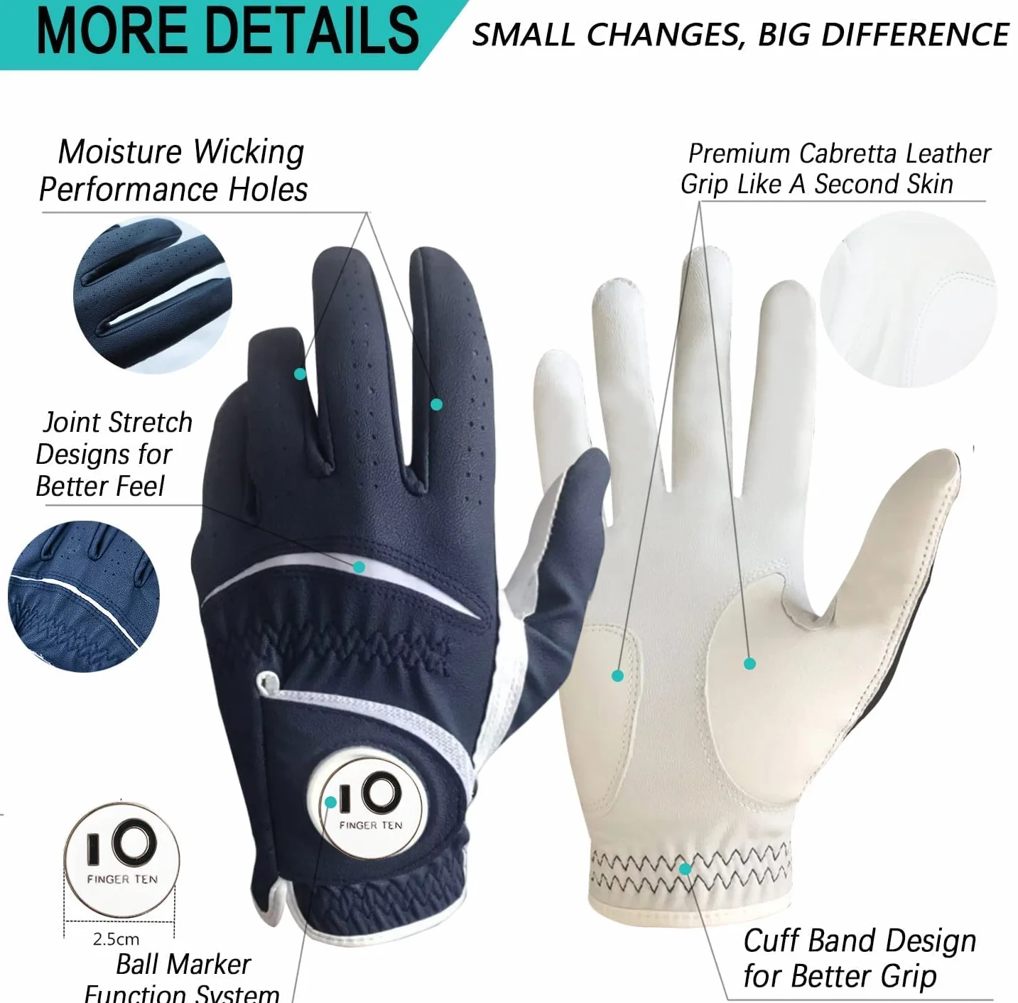 FINGER TEN Gant de Golf Homme Cuir avec Marqueur de Balle, Gants Durable Doux Confortable S M ML L XL Bleu Foncé