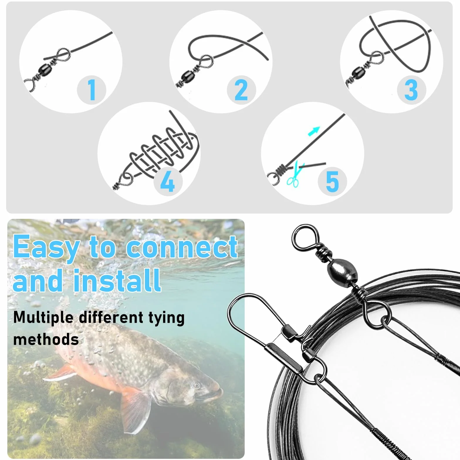 CATELL 100 Pièces Bas de Ligne de Pêche, 5 Tailles Bas de Ligne en Acier Inoxydable avec Émerillon et Mousquetons Bass de Ligne Carnassier pour la Pêche Toutes Sortes de Poissons(10/15/20/25/30 cm)