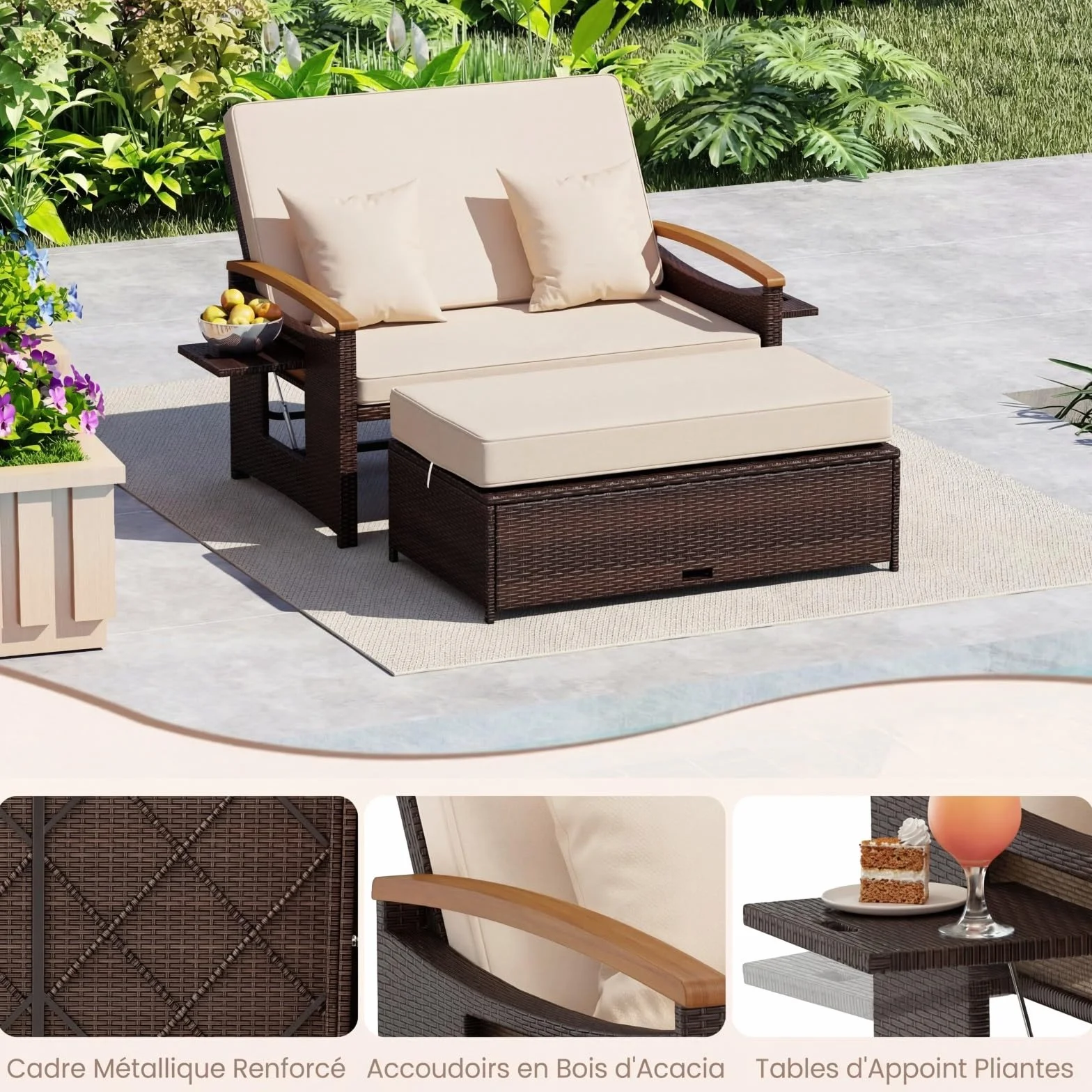 COSTWAY Salon de Jardin en Rotin avec Ottoman de Rangement, Charge 360KG, Bain de Soleil Plateau Latéral Rétractable Dossier Réglable Coussins 4 Positions, Canapé 2 Places Beige