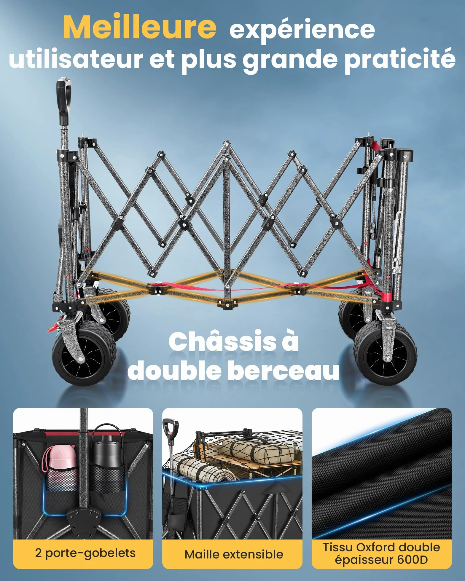Chariot Pliable 260L 250KG, Chariot de Plage Tout-Terrain Léger 13KG, Roues Large 17cm