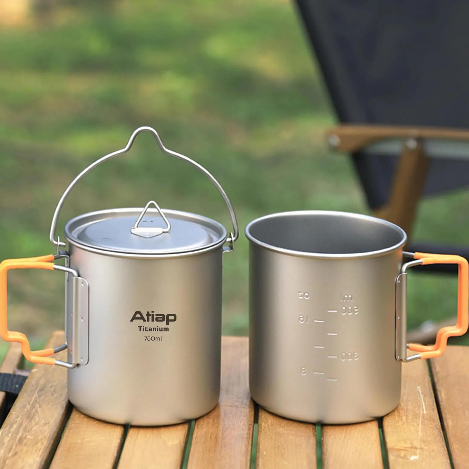 Pot de camping en titane de 750 ml avec couvercle extérieur ultra léger tasses à café portables tasse en titane poignée pliable