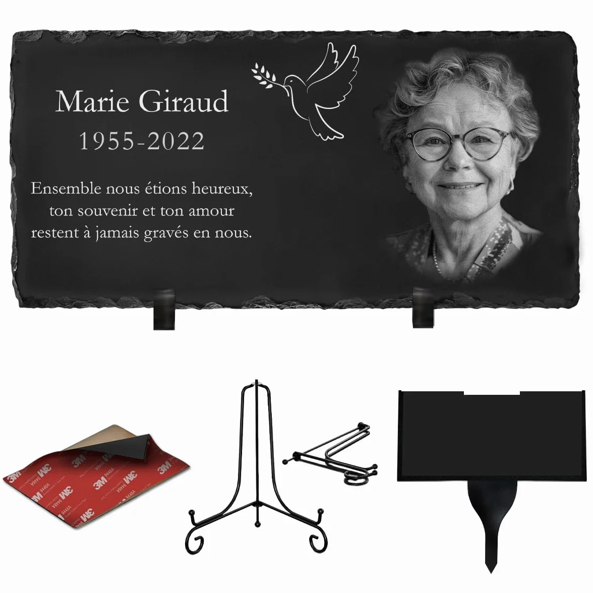 ETERNEL Plaque Funéraire Personnalisée Multisupports Colombe Ardoise Granit Photo Texte au Choix Cimetière
