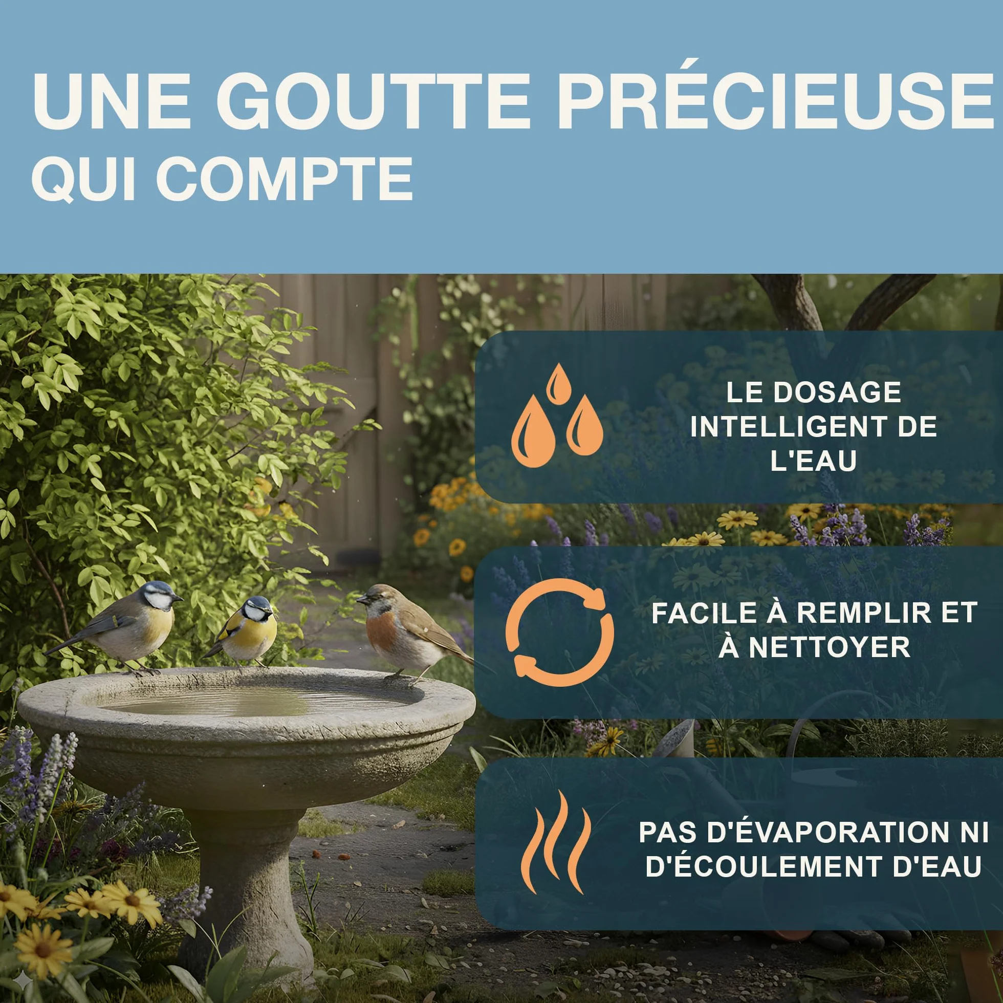 SWISSINNO Abreuvoir pour Oiseaux Zug Smart Birds Bleu Clair – Résistant aux UV Plastique PC et ASA Robuste – Distributeur d’Eau Balcon Terrasse Jardin