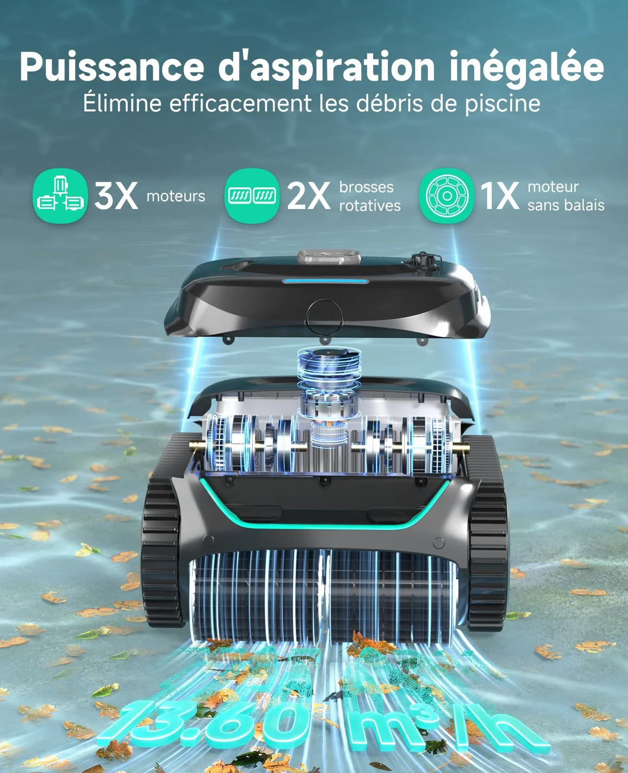 WYBOT C2 Robot Piscine sans Fil, Double Filtration, 3 Moteurs, Aspiration Puissante, 180 Min, pour Piscines Enterrées 150㎡