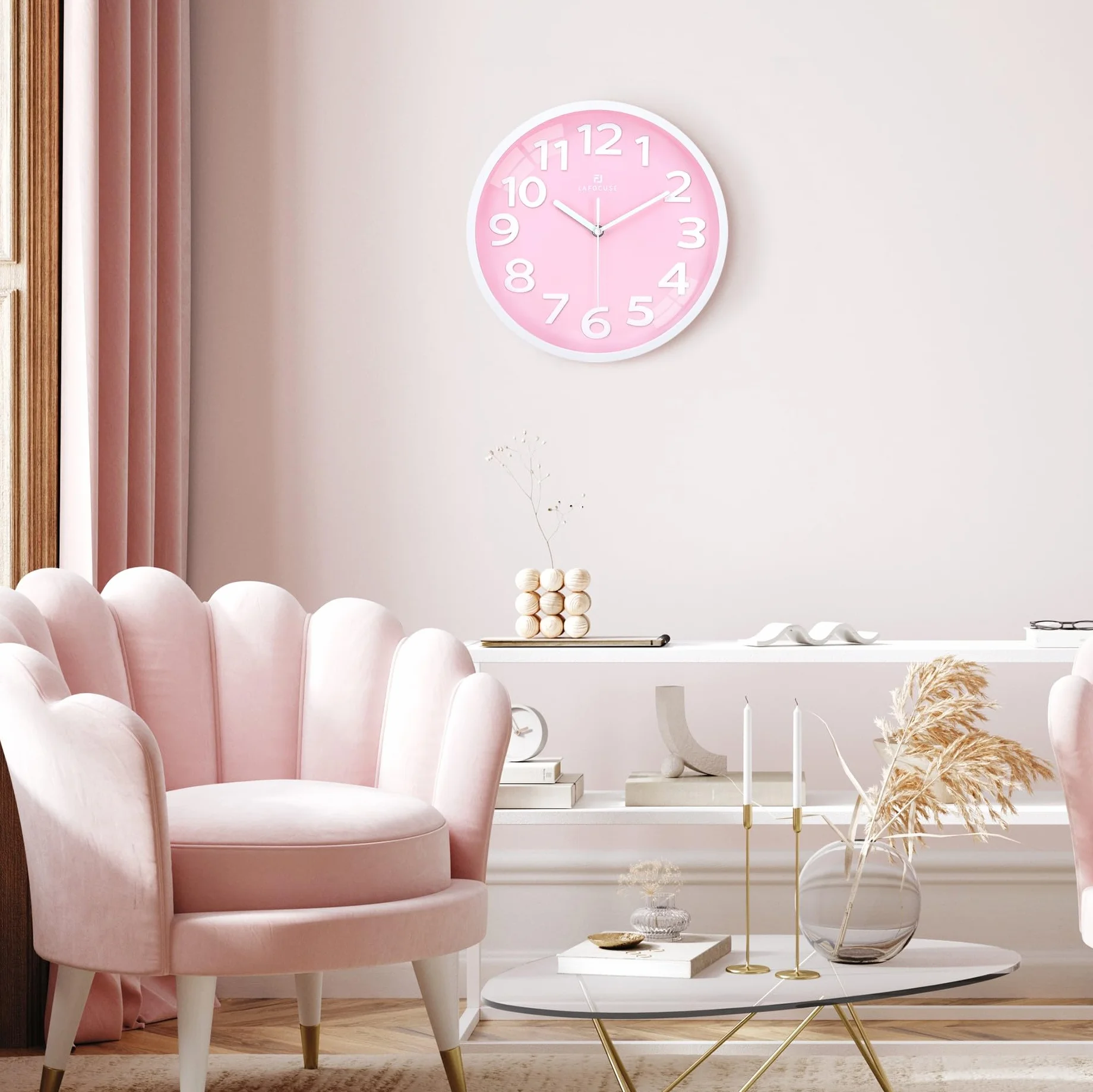Lafocuse Horloge Murale Rose Fille 30cm Grande Chiffres 3D Silencieuse Pendule Murale Moderne