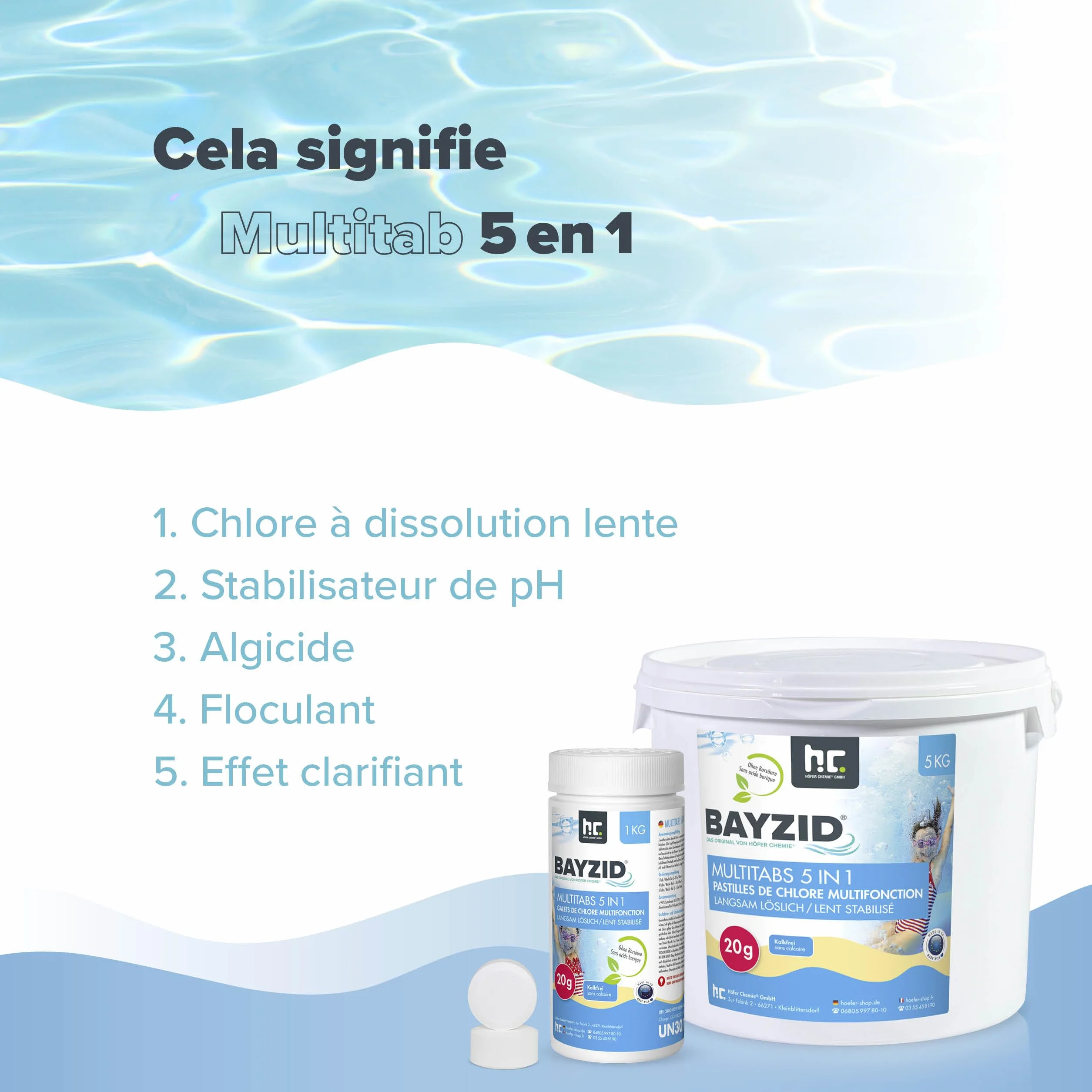 Höfer Chemie Pastilles de Chlore Multifonction 5 en 1 1 kg pour Piscine Désinfection Anti-Algues Floculant pH Stable