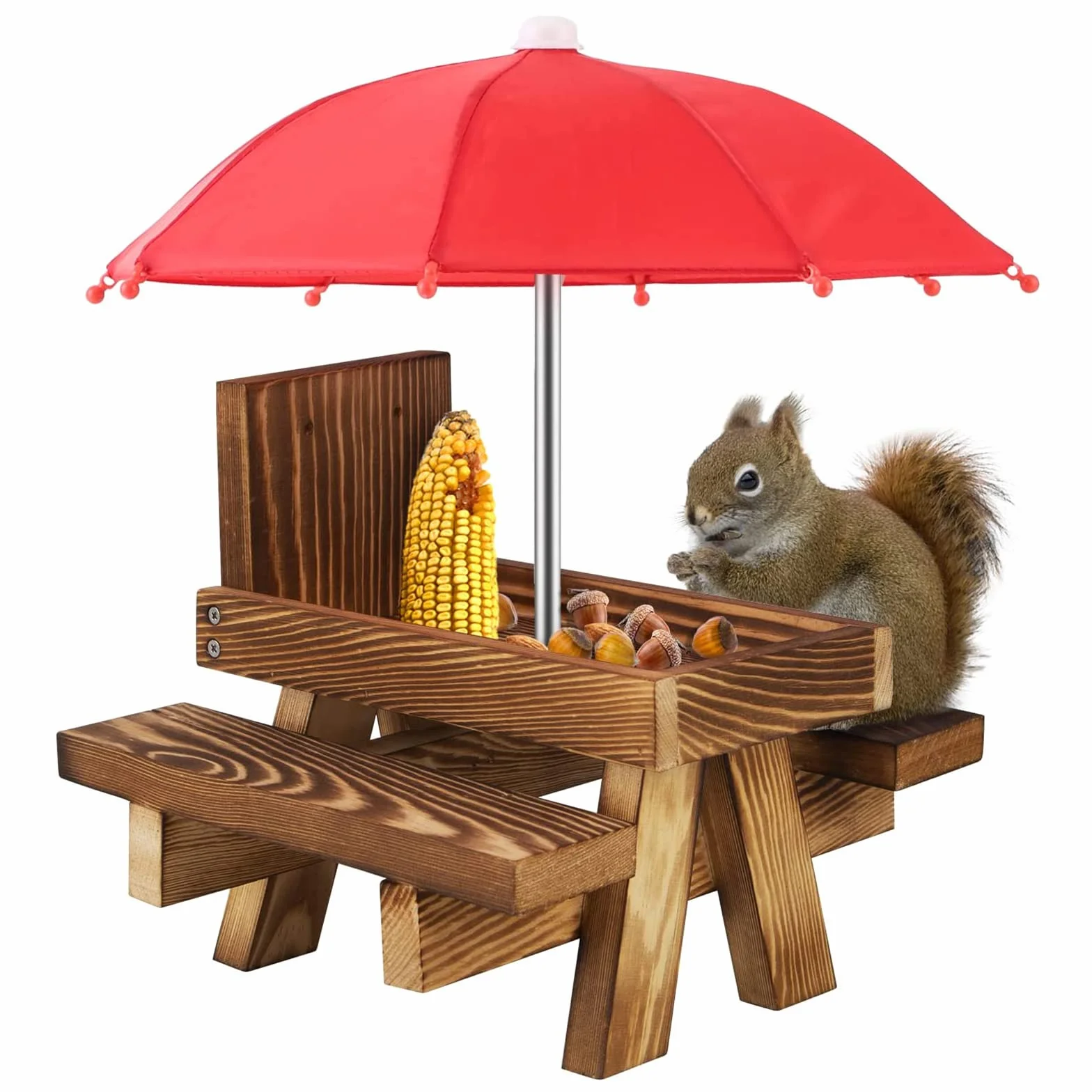 Mangeoire en Bois pour Écureuil avec Parapluie et Porte-Maïs - Station d'Alimentation Extérieure (Charbon de Bois)