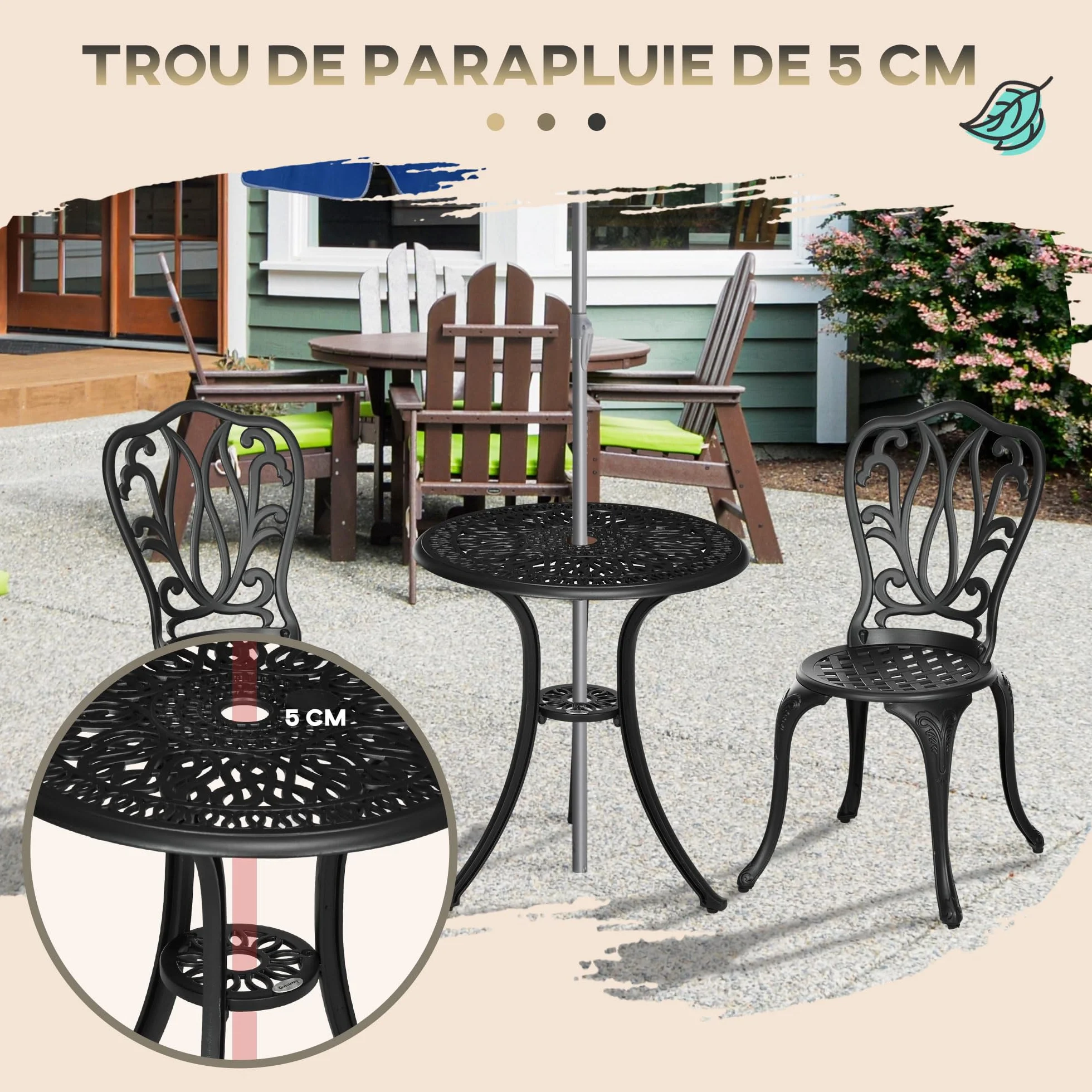 Outsunny Salon de Jardin Exterieur, Ensemble Table Ronde et Chaises Aluminium avec Trou Parasol Noir