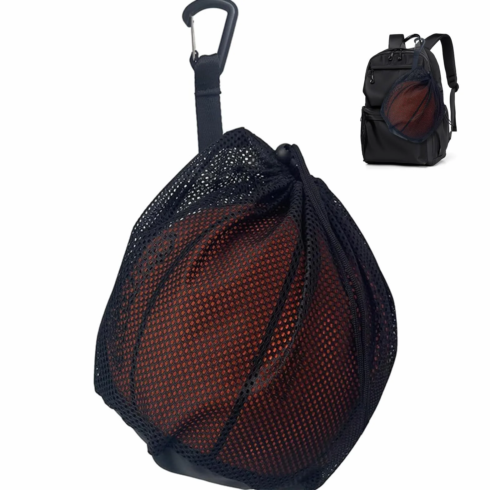 Sac de Basketball avec Filet à Ballon, Noir - Filet de Transport Portable pour Ballon de Foot et Pilates, Inclut Clip et Mousqueton