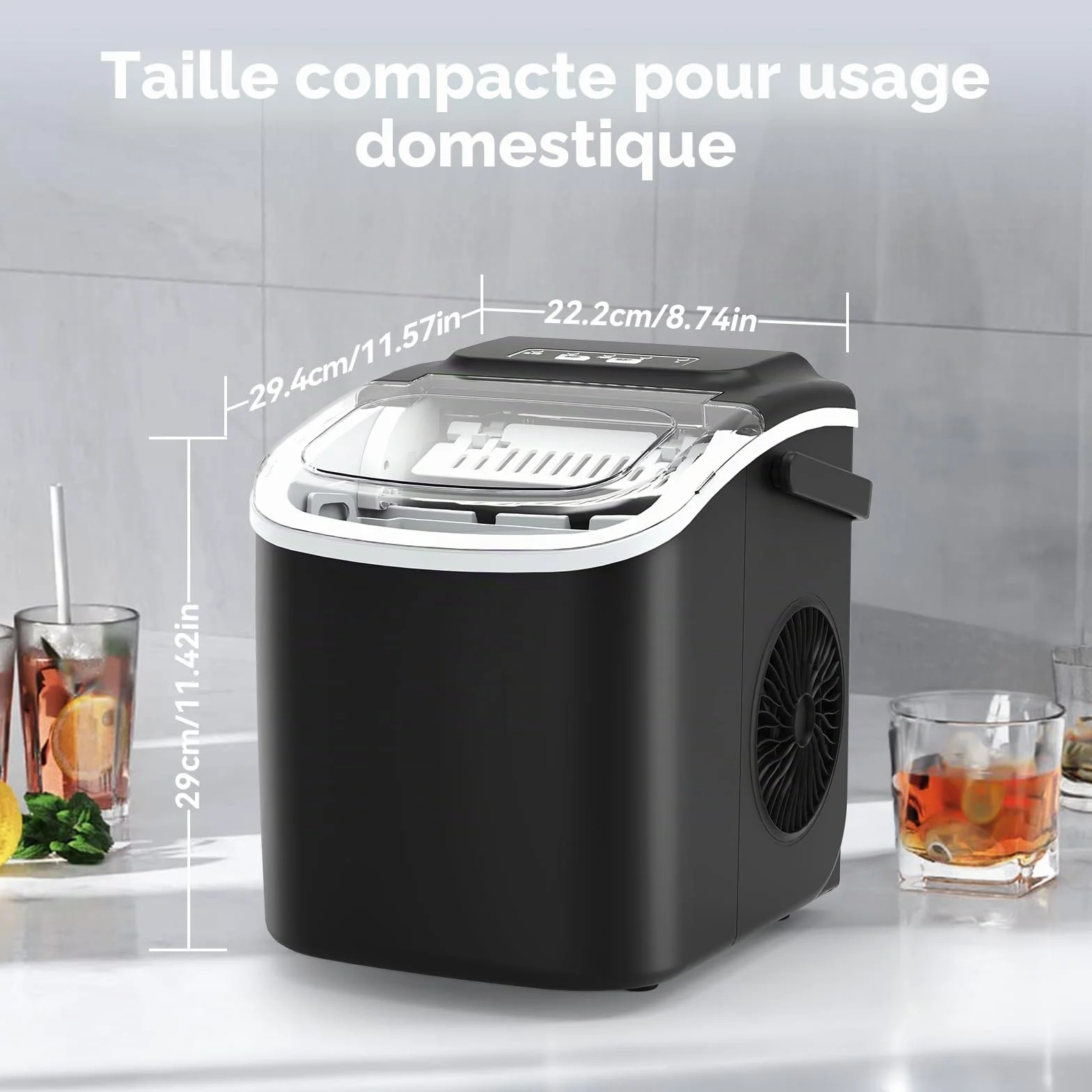 Machine à Glaçons PALINTH 12kg/24h 9 Glaçons 6-10 Min Autonettoyante Poignée Portable