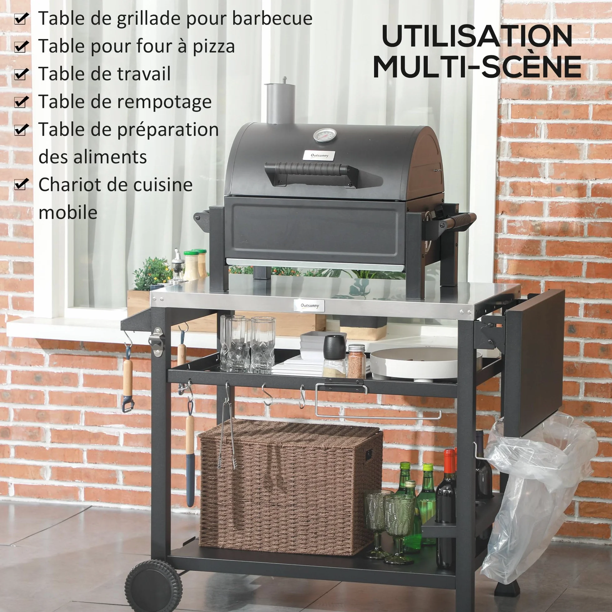 Outsunny Chariot Desserte Barbecue Plancha INOX 3 Étages 6 Crochets Tablette Rabattable 2 Roulettes