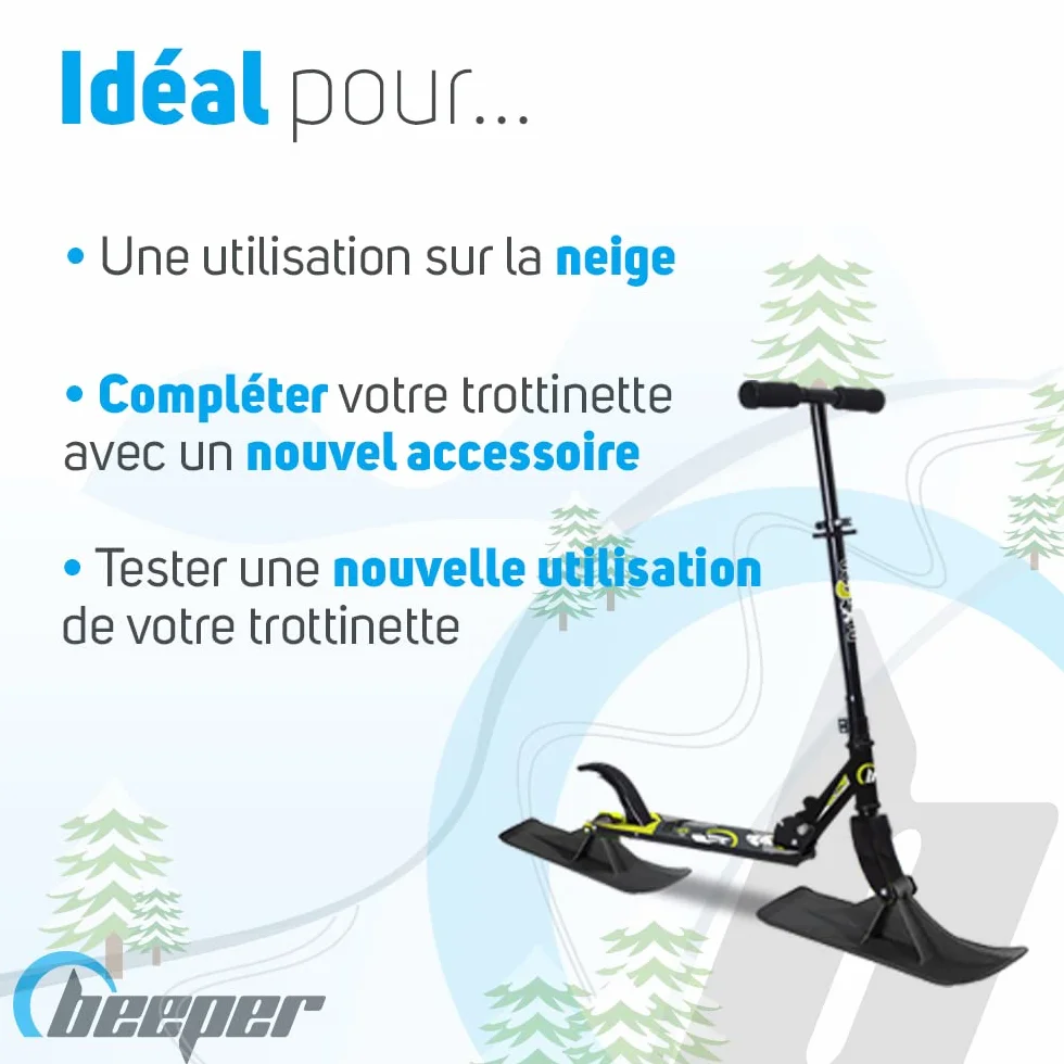 BEEPER Kit de Transformation Snowscoot - Paire de Patins de Ski pour Trottinette Enfant - Installation Facile - Résistant jusqu'à -20°C - Noir