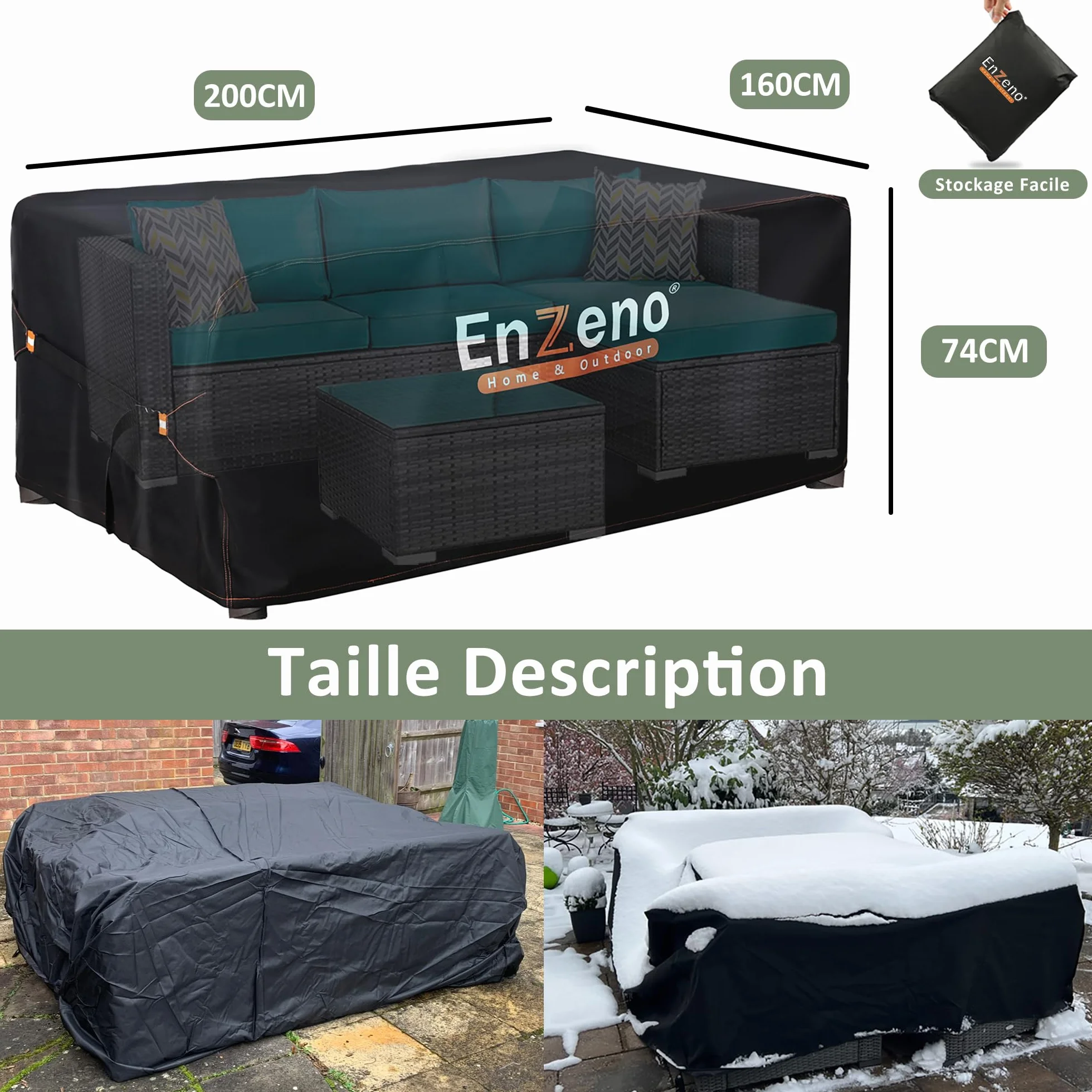 Enzeno Housse Salon de Jardin Imperméable 420D Tissu Oxford Protection Meubles Exterieur avec Évent 200x160x74cm