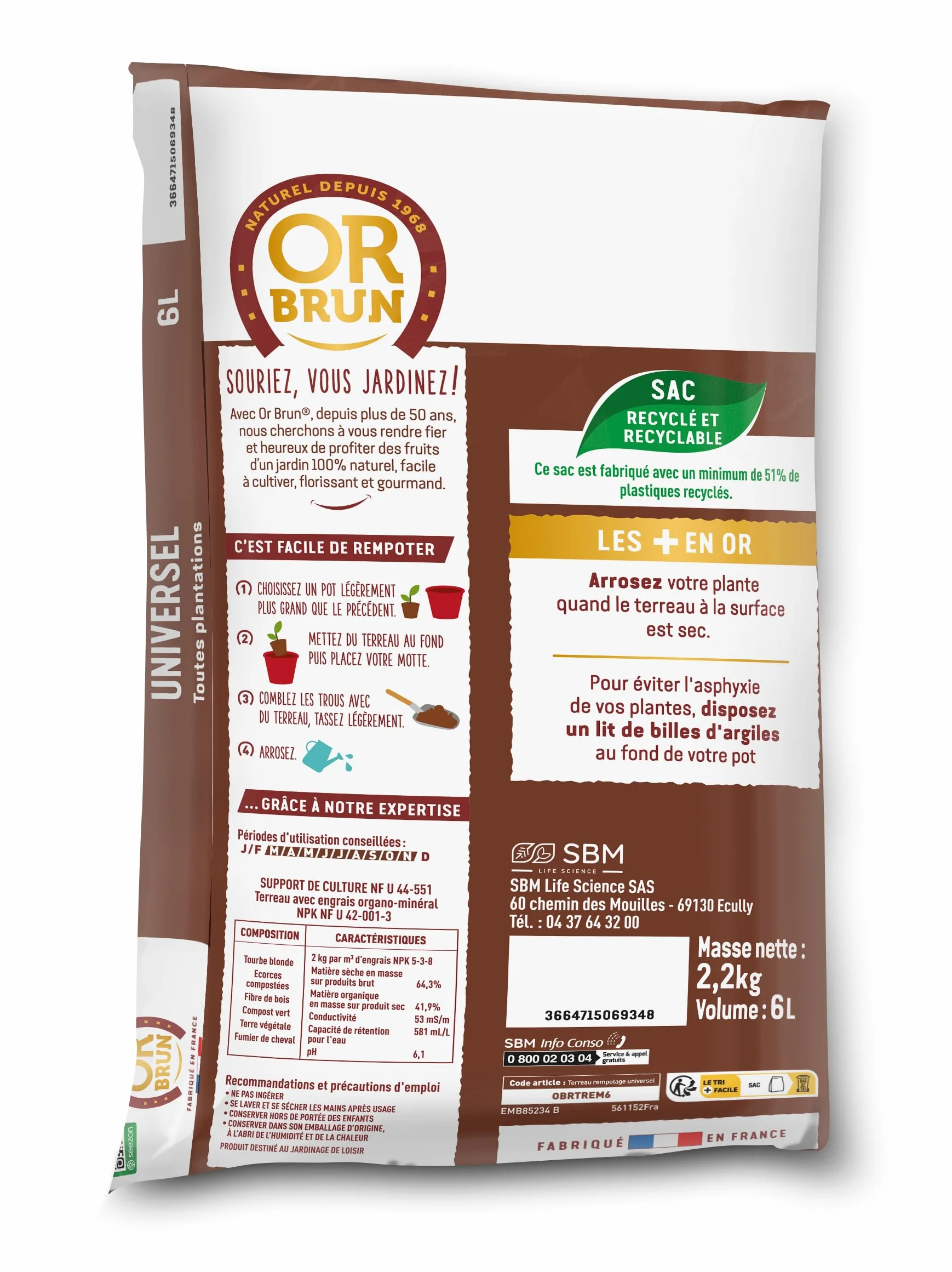 Or Brun Terreau Rempotage Universel 6L pour Plantes en Pots