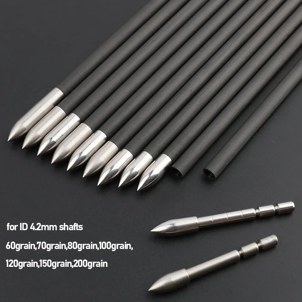 Pointe de Flèche Insert Tête de Flèche en Acier Inoxydable 60/70/80/100/120/150/200grain Pointes pour Flèches en Carbone ID 4.2mm