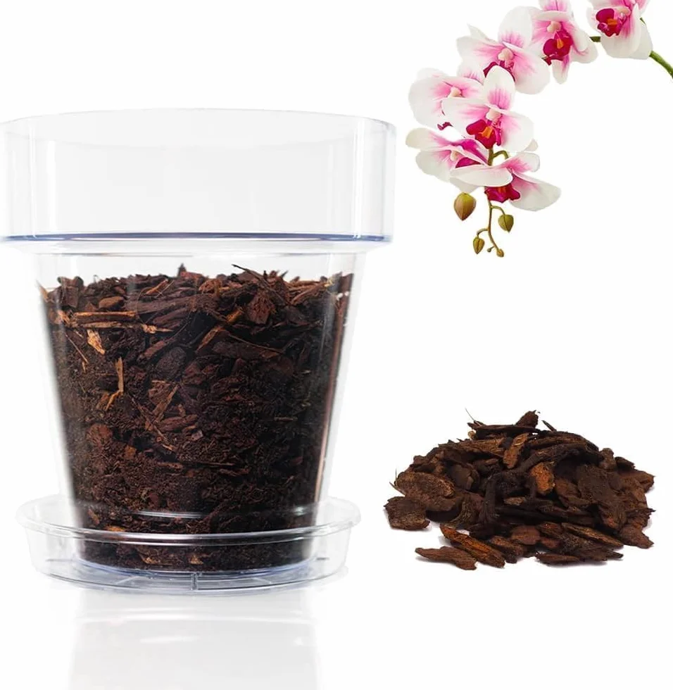 Kit de rempotage d'orchidées Ø 16 cm - Pot transparent avec drainage, soucoupe et substrat