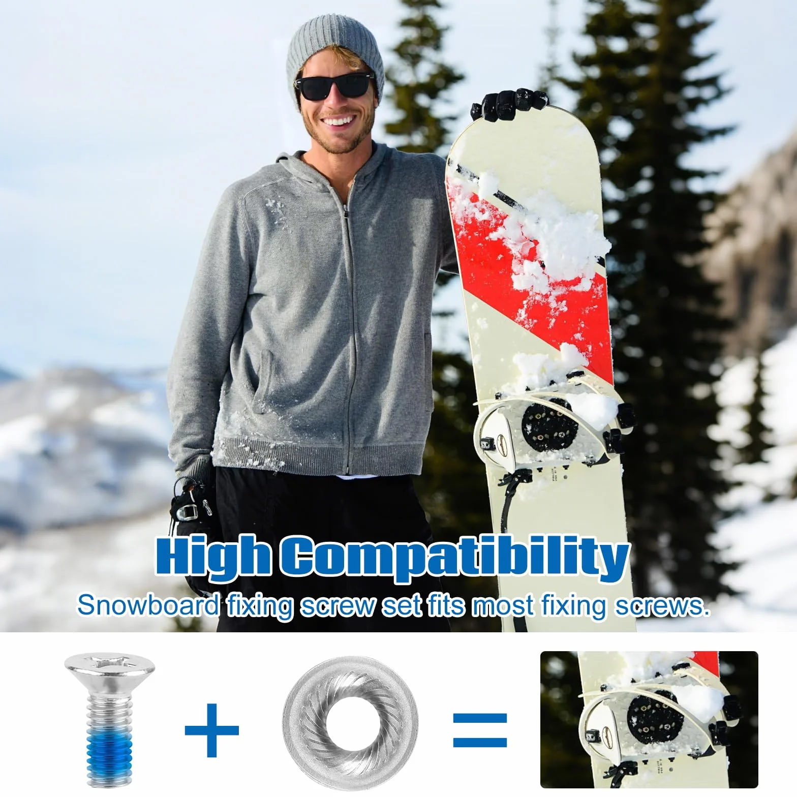 Vis de fixation pour snowboard M6 acier inoxydable avec rondelles antidérapantes - Lot de 8 avec tournevis