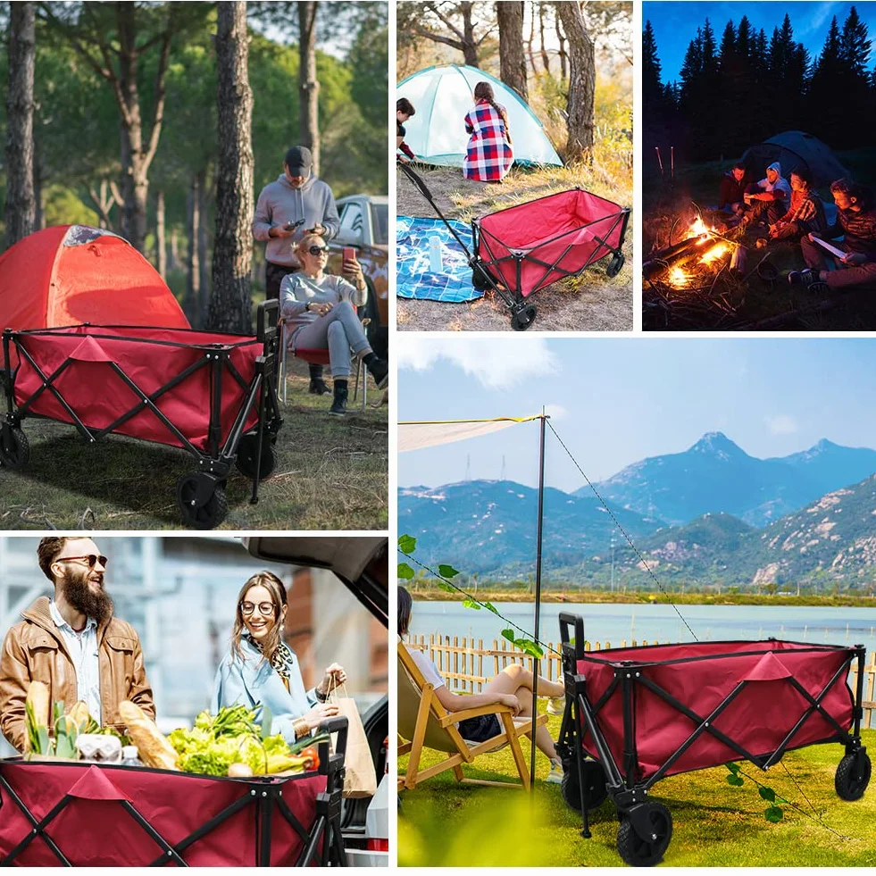 Chariot de Pique-Nique Pliable Grande Capacité Roues Pivotantes 360° Freins Rouge