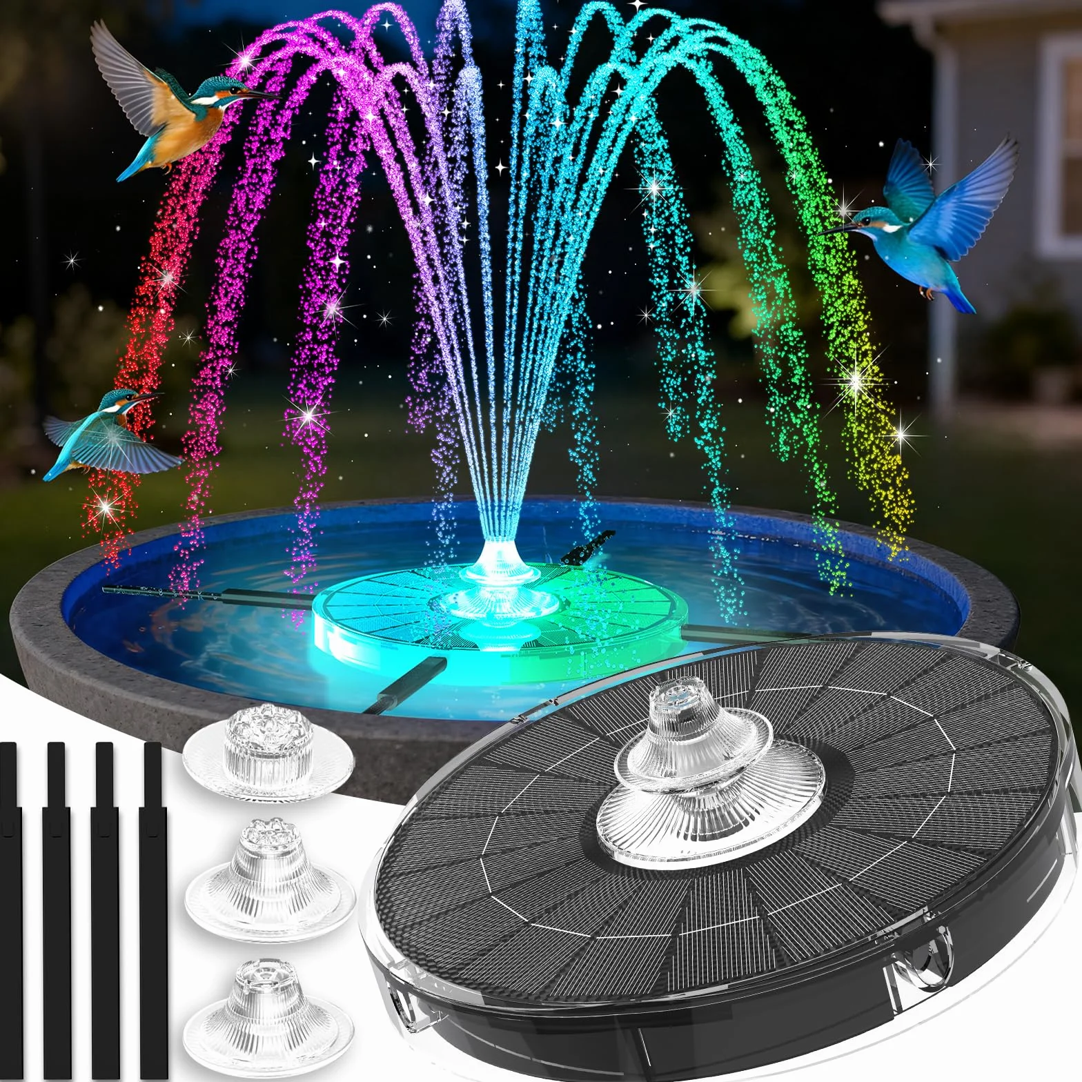 Fontaine Solaire Extérieure Flottante 4000mAh avec Lumière et 3 Buses pour Bassin Piscine