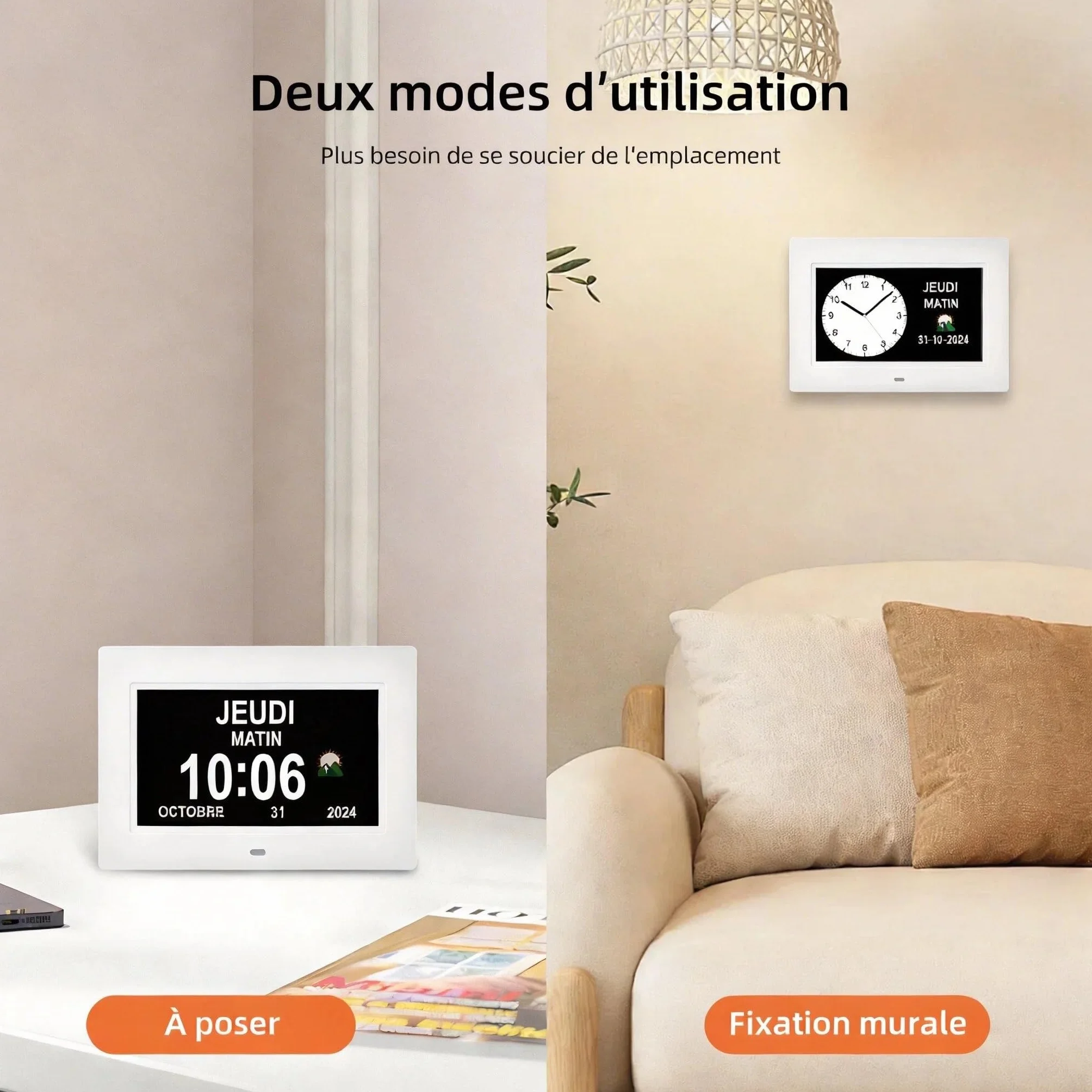 Grande Horloge numérique Réveil pour Personnes âgées Blanc 7 Pouces