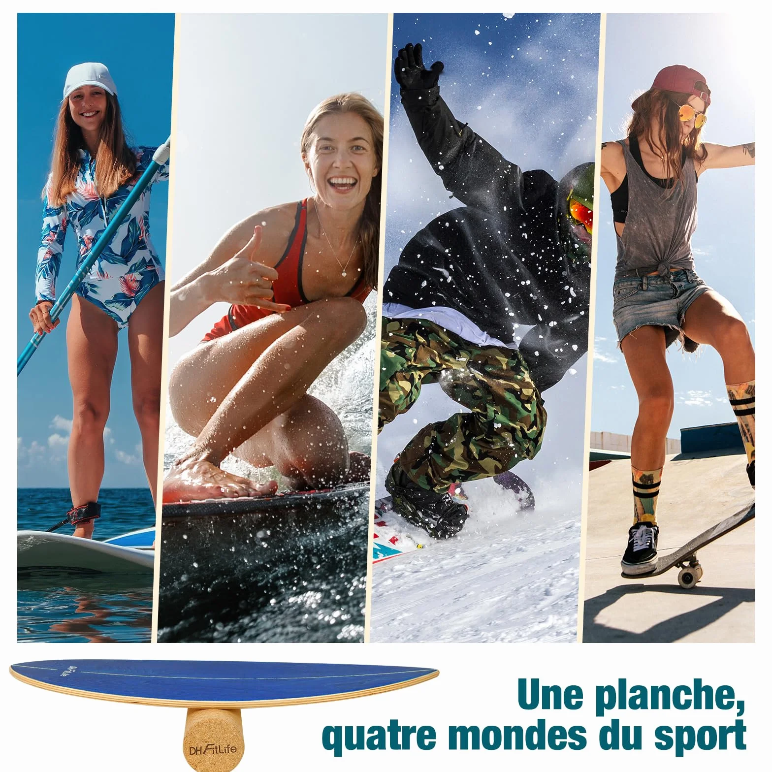 DH FitLife Balance Board Surf en Bois Massif | Planche de Surf d’Intérieur avec Rocker | Planche d’Équilibre pour Fitness & Proprioception à la Maison