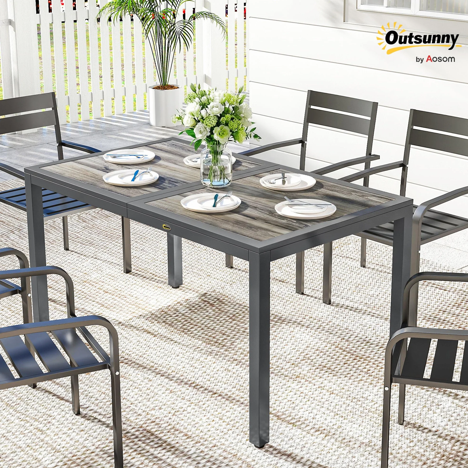 Outsunny Table de jardin rectangulaire extérieure 140x80x72 cm acier imitation bois gris foncé