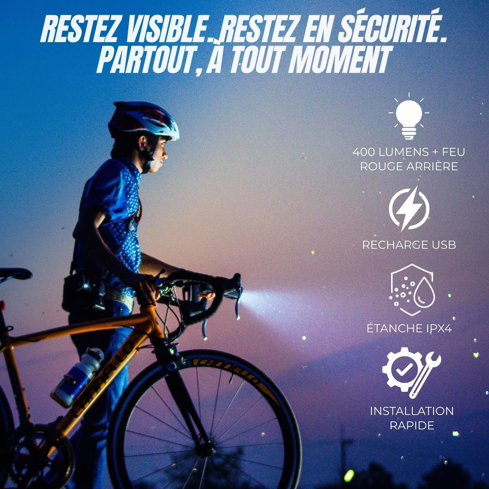 Lumière Vélo Avant et Arrière Rechargeable USB - LED 400 Lumens, 7 Modes d'Éclairage puissants, Sécurité et Visibilité la Nuit