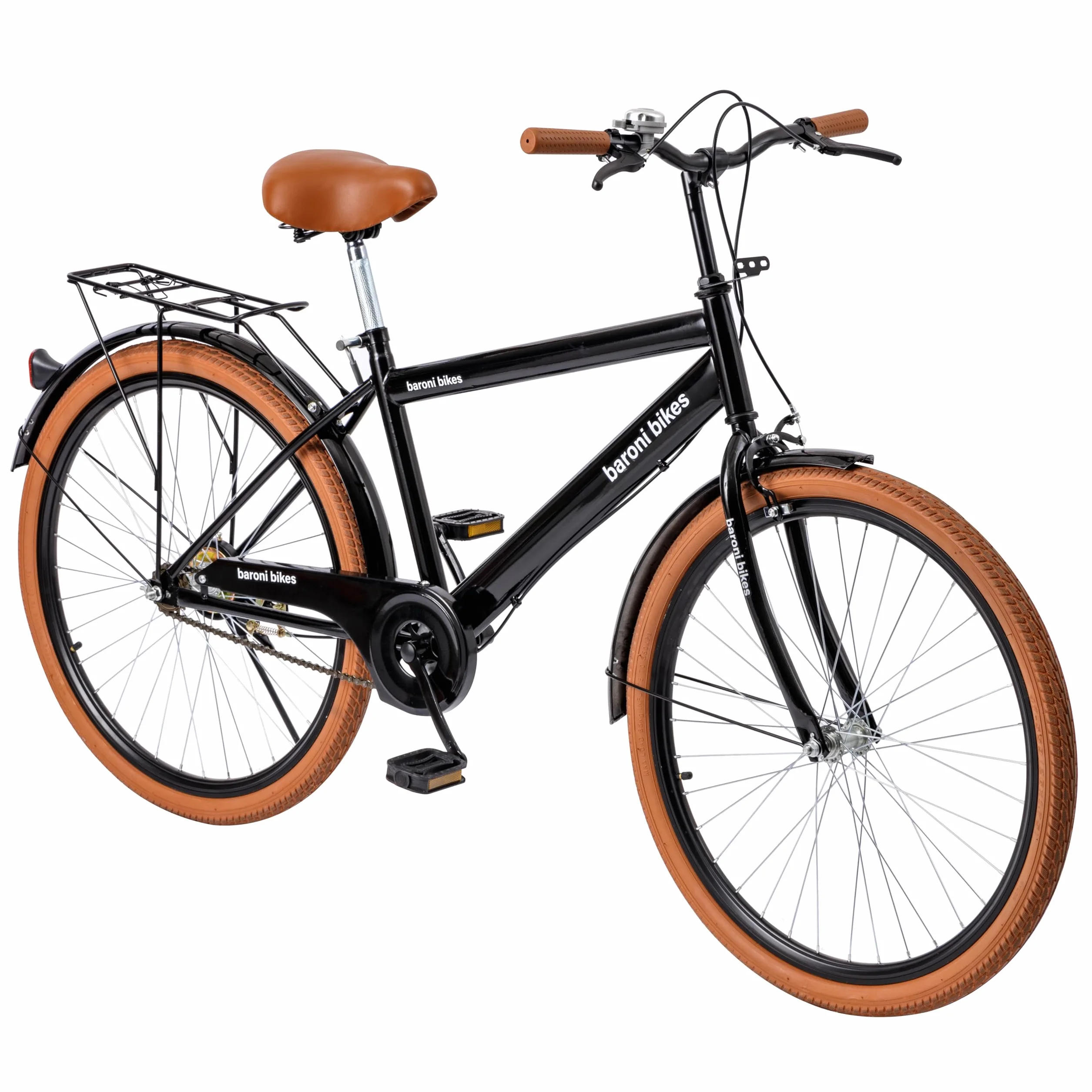 Baroni Home Vélo de marche pour homme et femme, avec sonnette, guidon et selle réglable, vélo avec double frein avant et arrière, vélo de ville, noir et marron, 168 x 90 cm