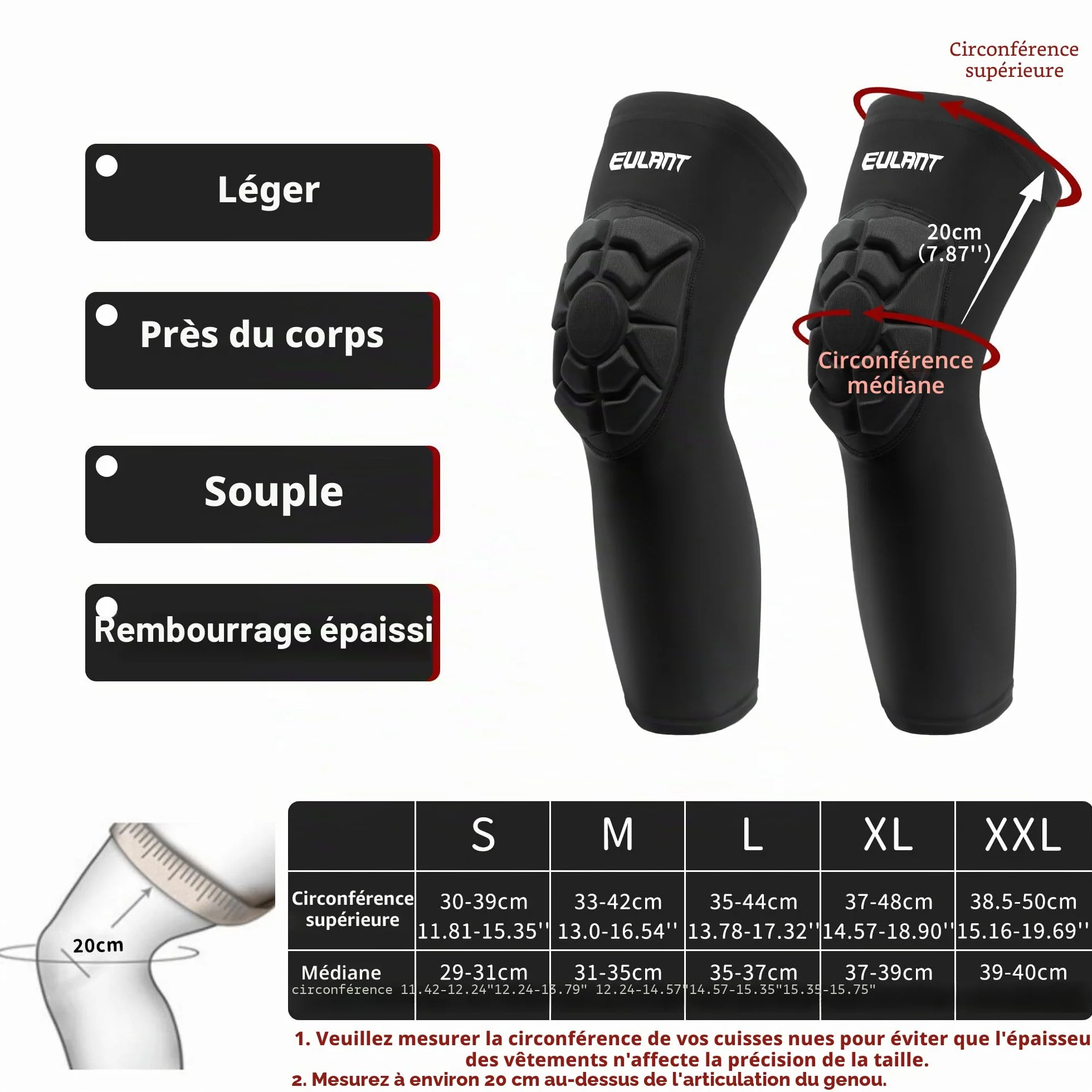 EULANT Elastique Genouillère VTT, Souple Epais Rembourré Protege Genoux pour Volleyball Handball Football Basket Skate Yoga Hip Hop Danse Patinage