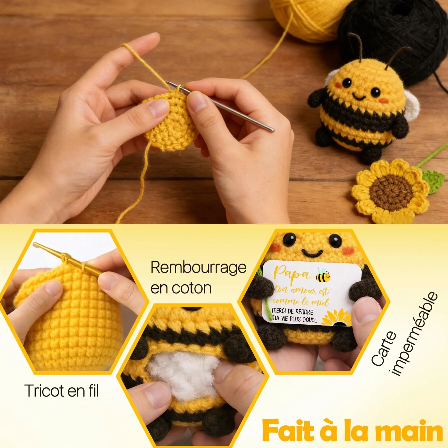 Cadeau Fête des Pères Abeille Heureuse Tournesols Fait Main au Crochet Décoration Maison