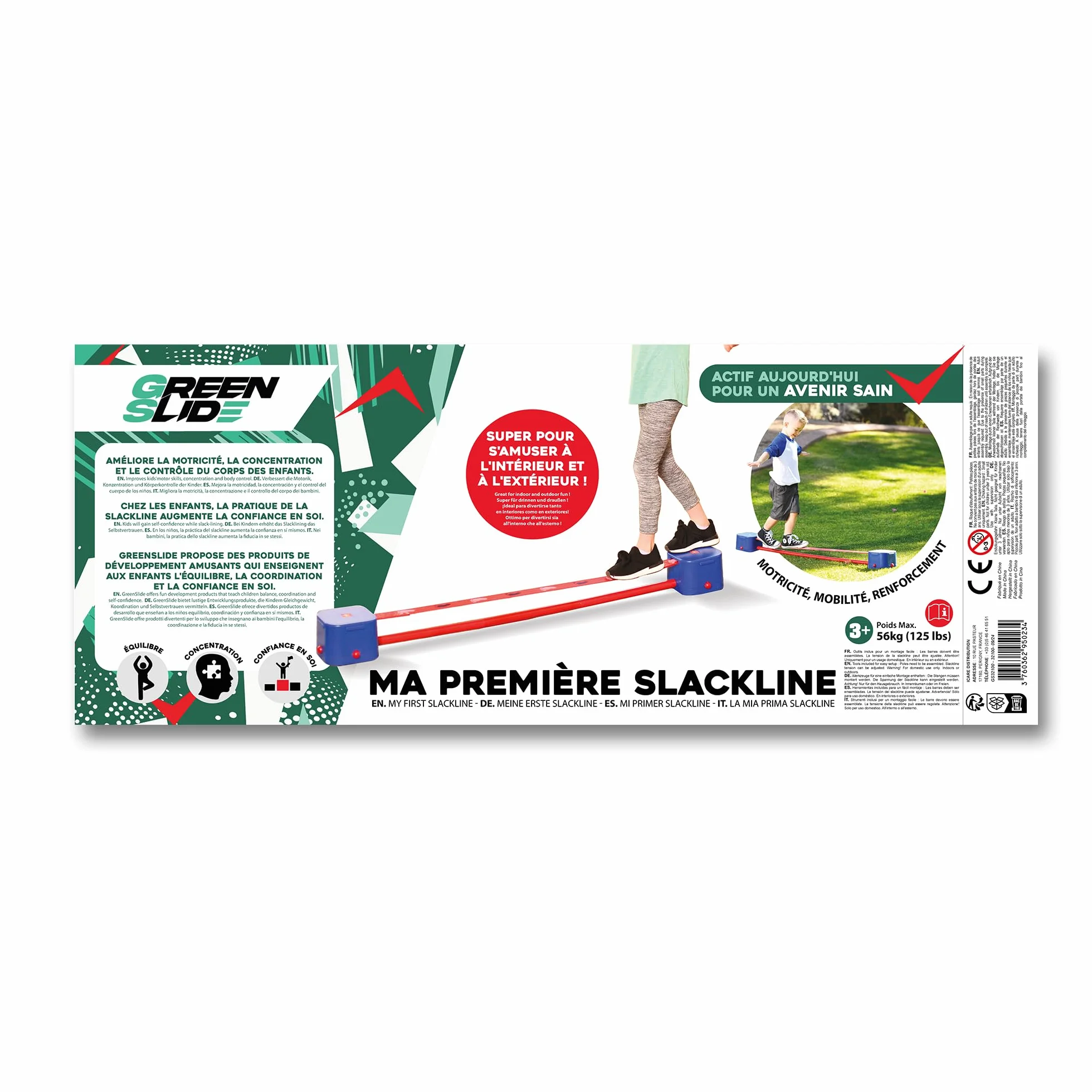 Slackline pour Enfants, Développer l'Équilibre et la Coordination, Bleu et Rouge
