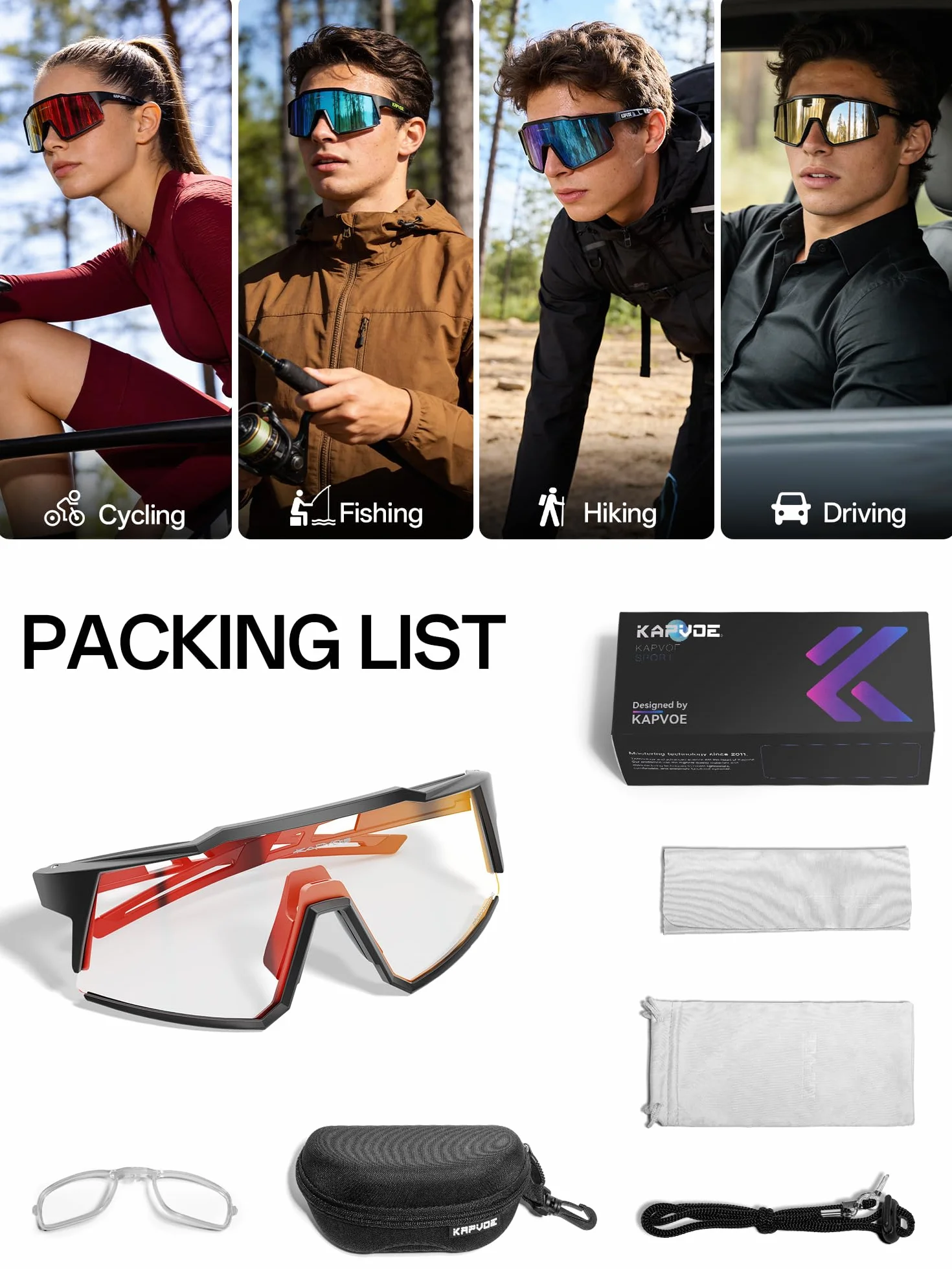 KAPVOE Lunette de Cyclisme Photochromique Homme Femme Tr90 Cadre Lunette Vélo VTT Anti-UV400 Lunette de Soleil Pour Vélo Pêche Course Conduite Pêche Ski