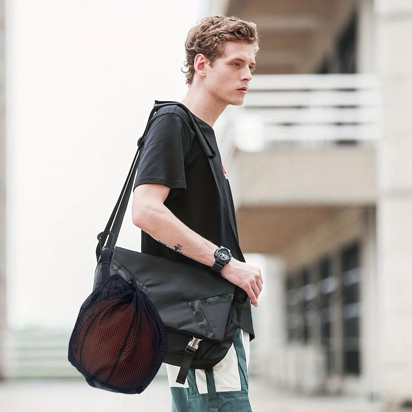 Sac de Basketball avec Filet à Ballon, Noir - Filet de Transport Portable pour Ballon de Foot et Pilates, Inclut Clip et Mousqueton